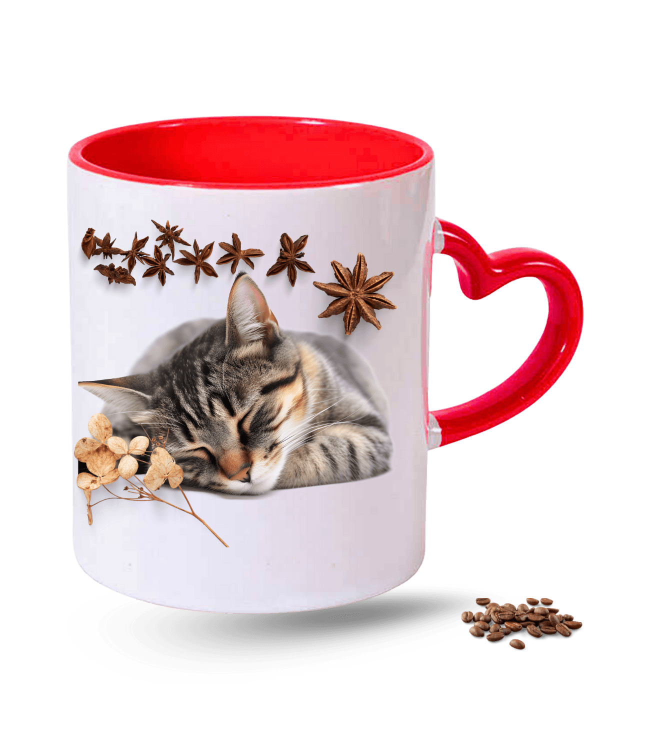 Uykucu Kedi Temalı Kedi Sever Baskılı Kırmızı Kalpli Porselen Kupa Bardak