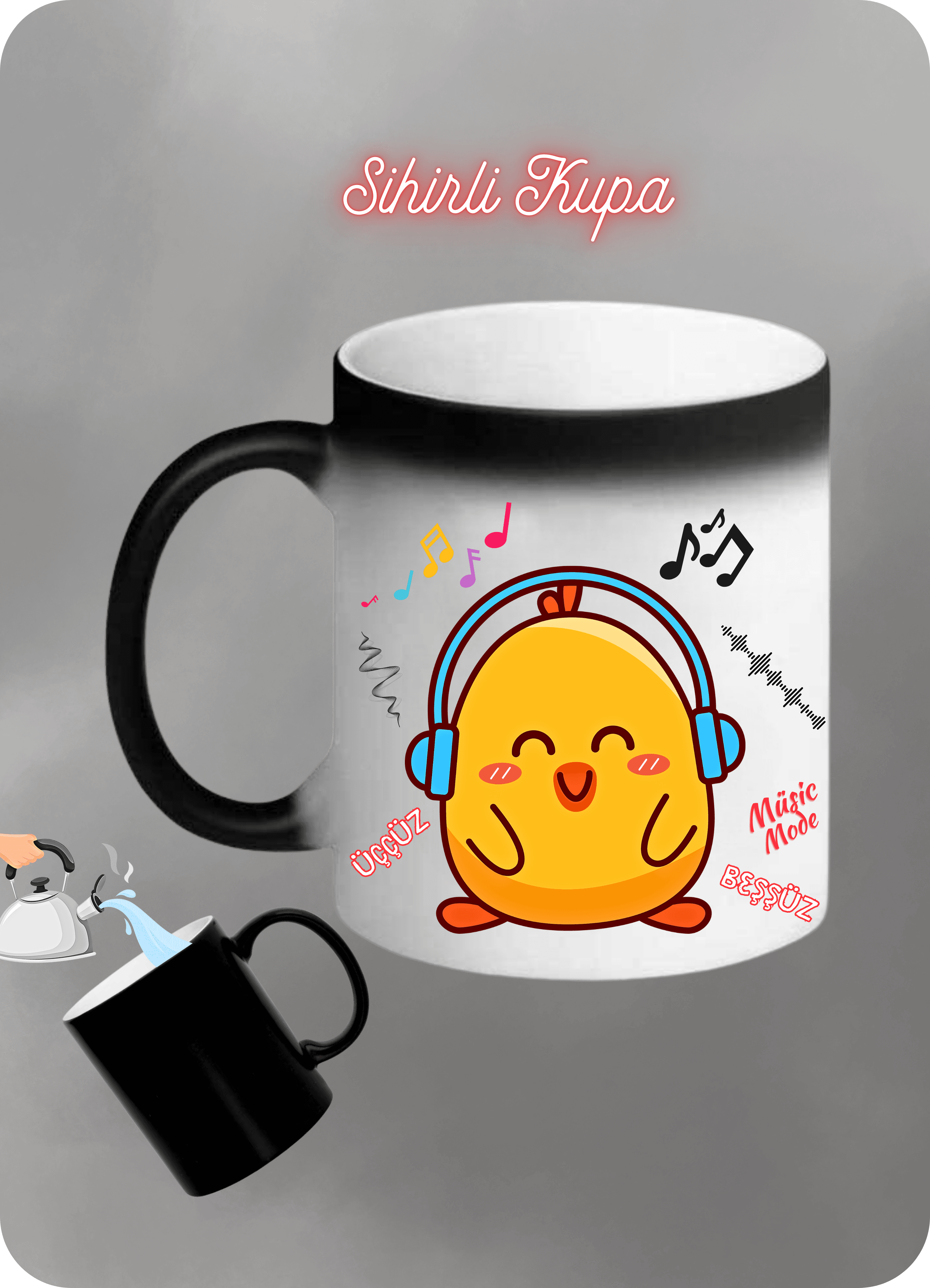 Music Mode Sarı CivCiv  Baskılı Sihirli Kupa Bardak Çay Kahve Fincanı