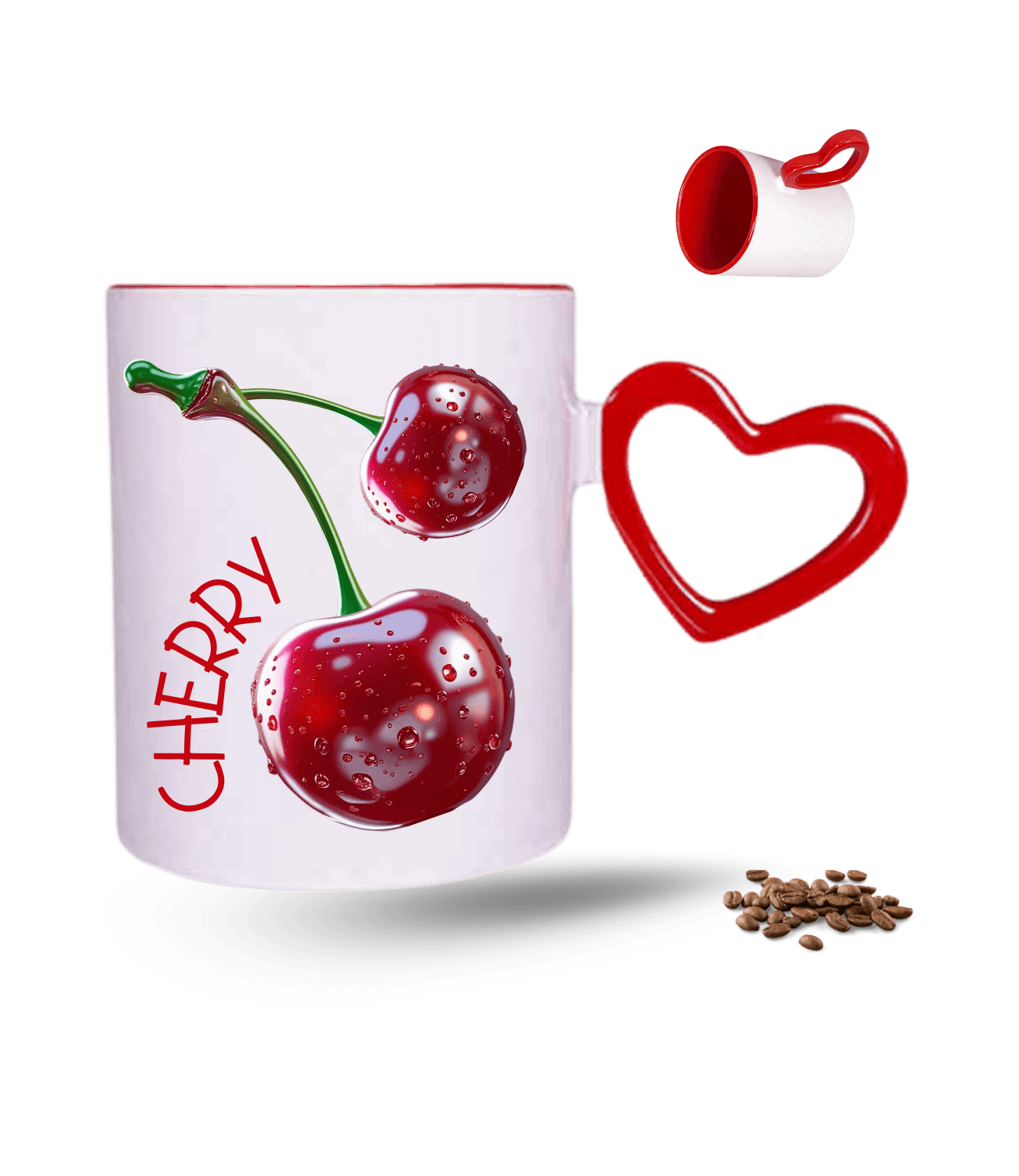 3d Kiraz Cherry Baskılı Kırmızı Kalpli Porselen Kupa Bardak