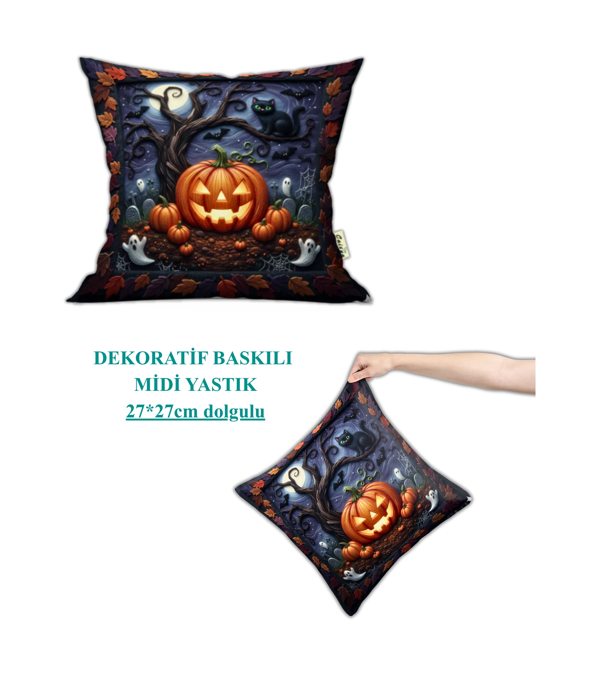Cadılar Bayramı Helloween Temalı Hediyelik Dekoratif Midi Yastık Kırlent 27x27cm Dolgulu
