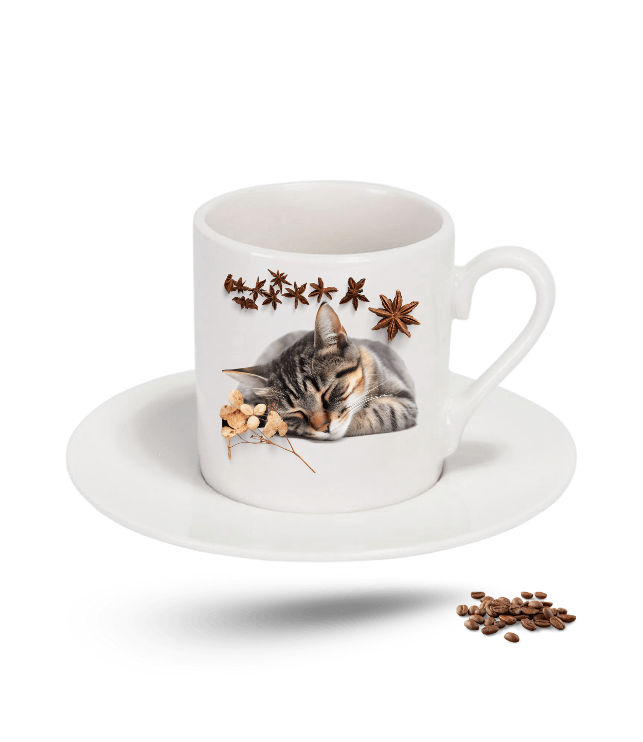 Uykucu Kedi Temalı Kedi Sever Baskılı Porselen Türk Kahvesi Fincanı Tekli