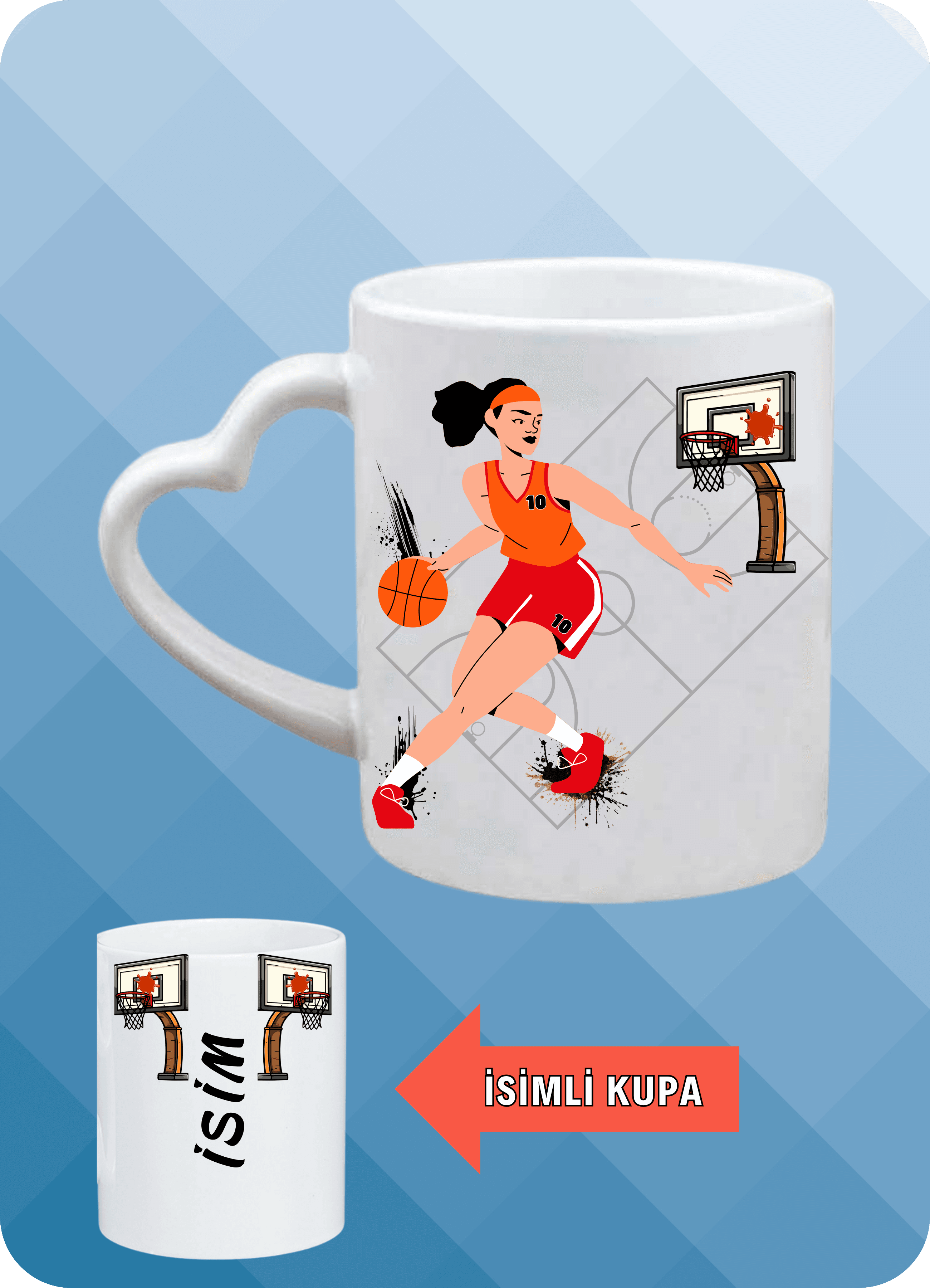 Basketbol Temalı Kadın Basketbolcu Kalp Kulplu Basket Sever Kupa Bardak Çay Kahve Fincanı-3