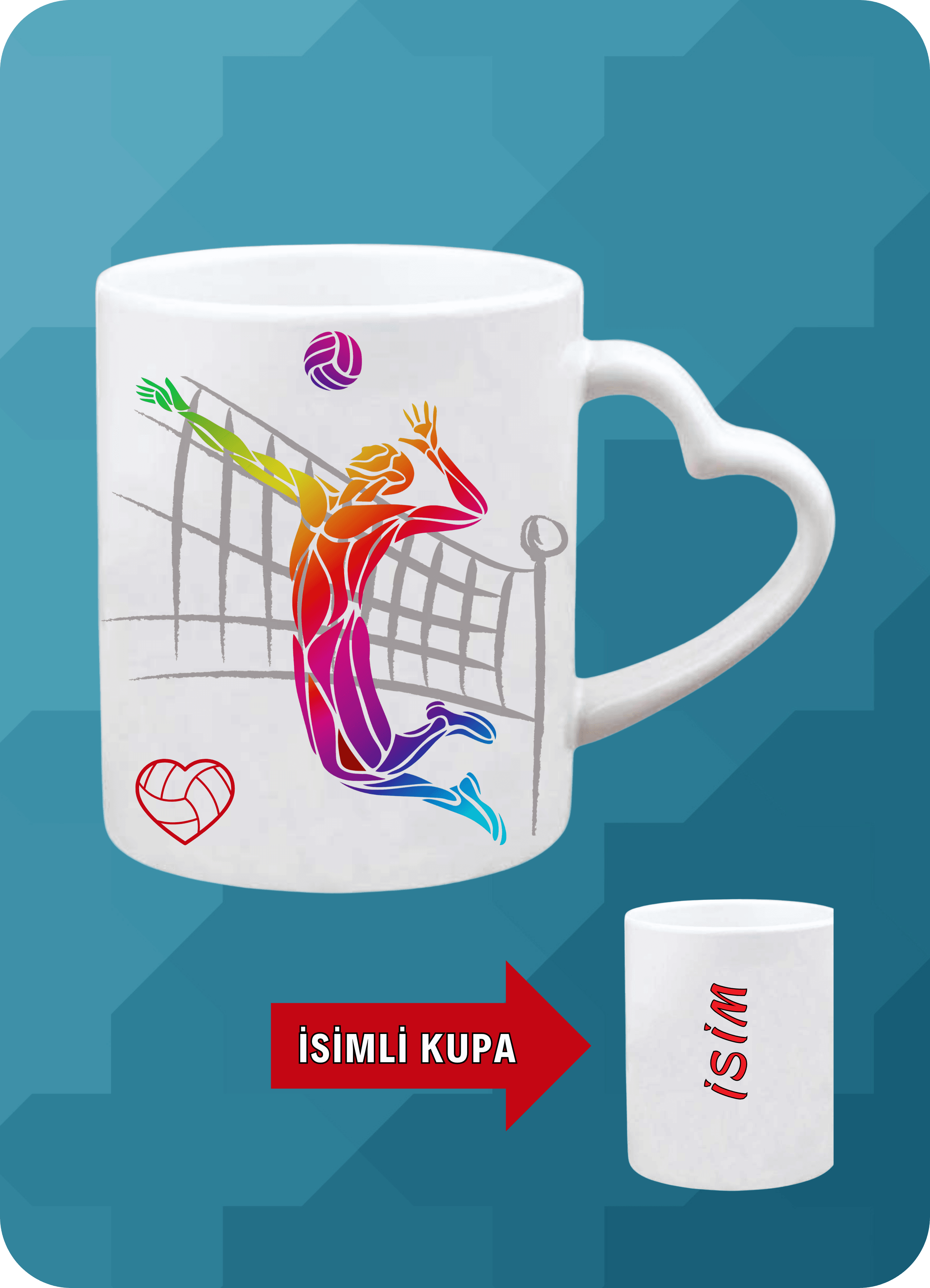 Voleybol Temalı Erkek Voleybolcu Kalpli Kulp Kupa Bardak Çay Kahve Fincanı-1