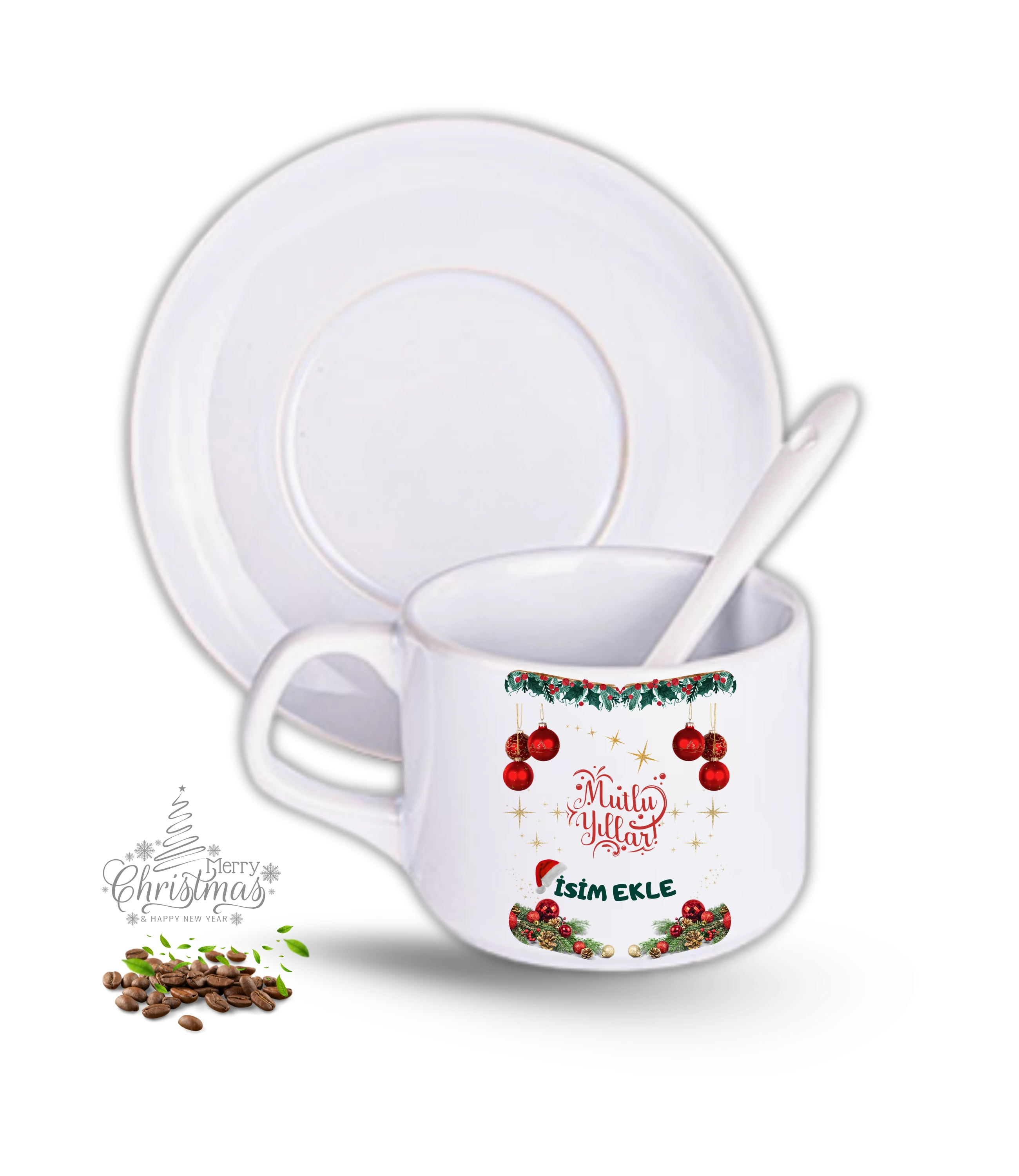 Yılbaşı Hediyesi İsimli Baskılı 2li Set Porselen Çay Kahve Fincan Seti