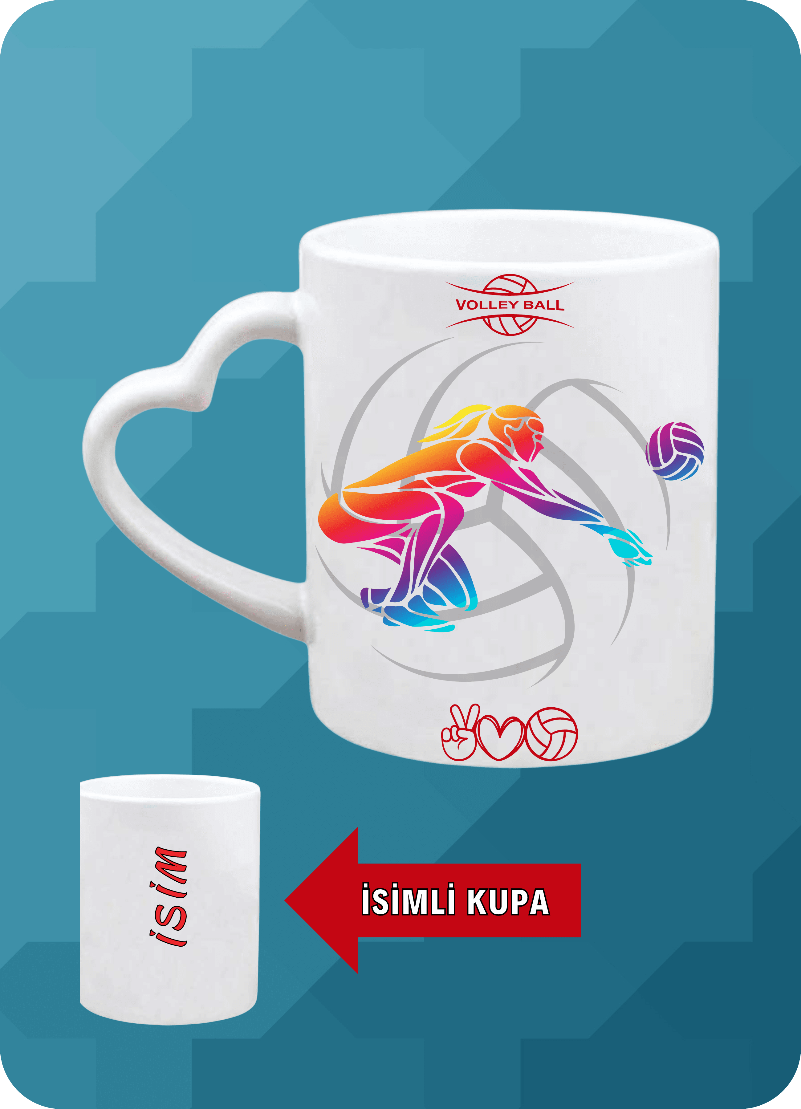 Voleybol Temalı Kadın Voleybolcu Kalpli Kulp Kupa Bardak Çay Kahve Fincanı-2