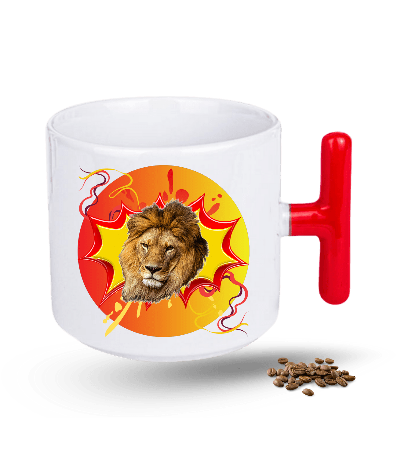 Sarı Kırmızılı Arslan Temalı Aslan Baskılı T Saplı Porselen Kupa Bardak