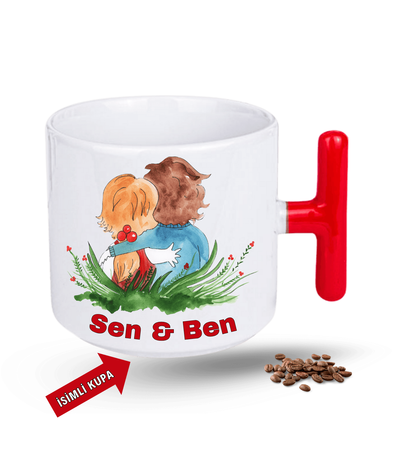 Aşk Temalı Sen ve Ben İsimli Kupa Kalpli Baskılı T Saplı Porselen Kupa Bardak-3