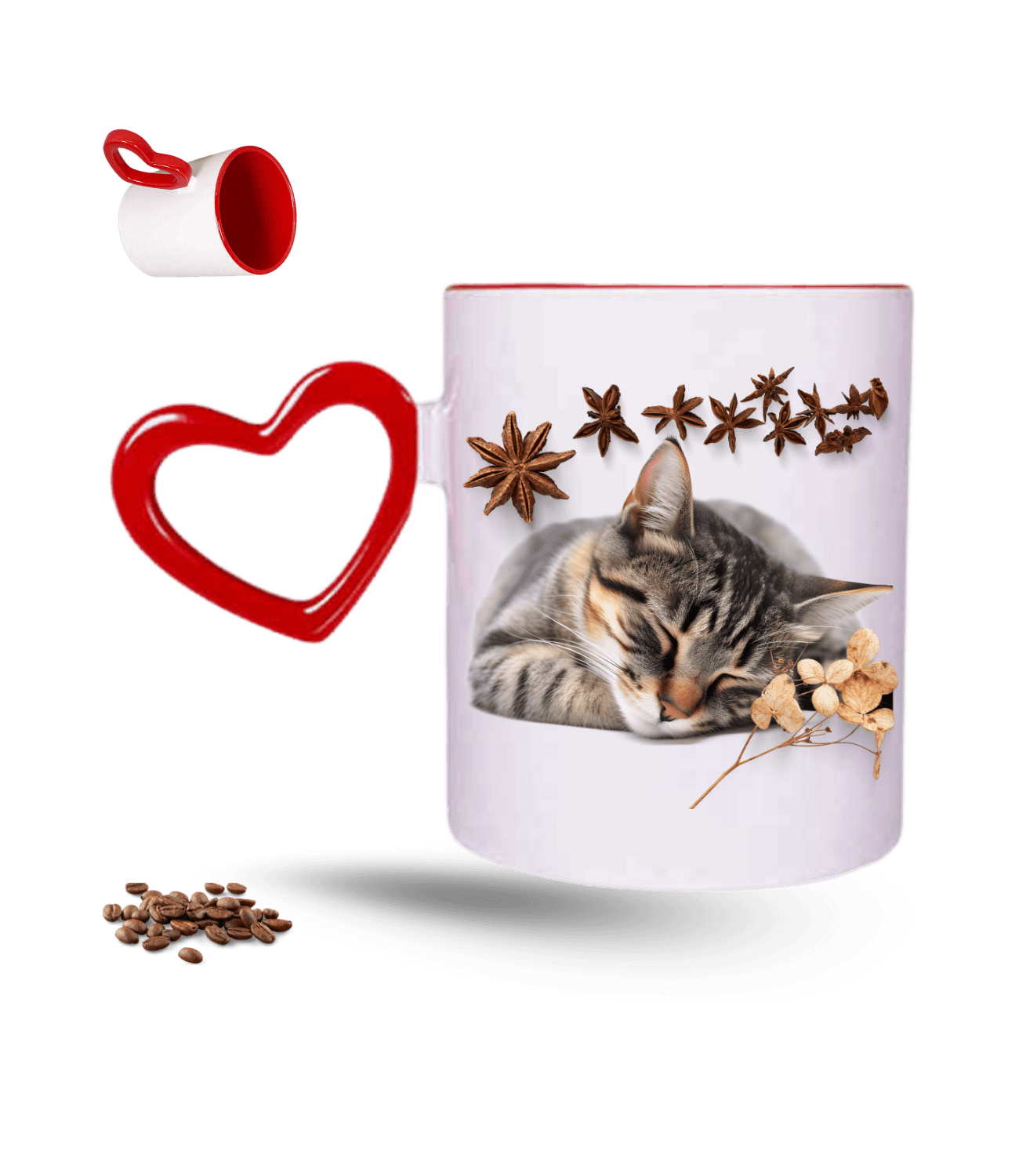 Uykucu Kedi Temalı Kedi Sever Baskılı Kırmızı Kalpli Porselen Kupa Bardak