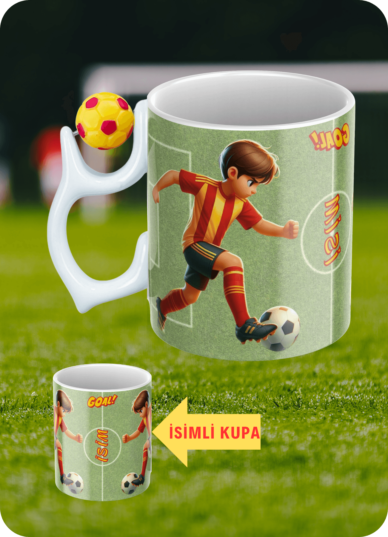Sarı Kırmızı Futbol Toplu Sarı Kırmızı Formalı Futbolcu İsimli Taraftar Kupa Bardak Çay Kahve Fincanı