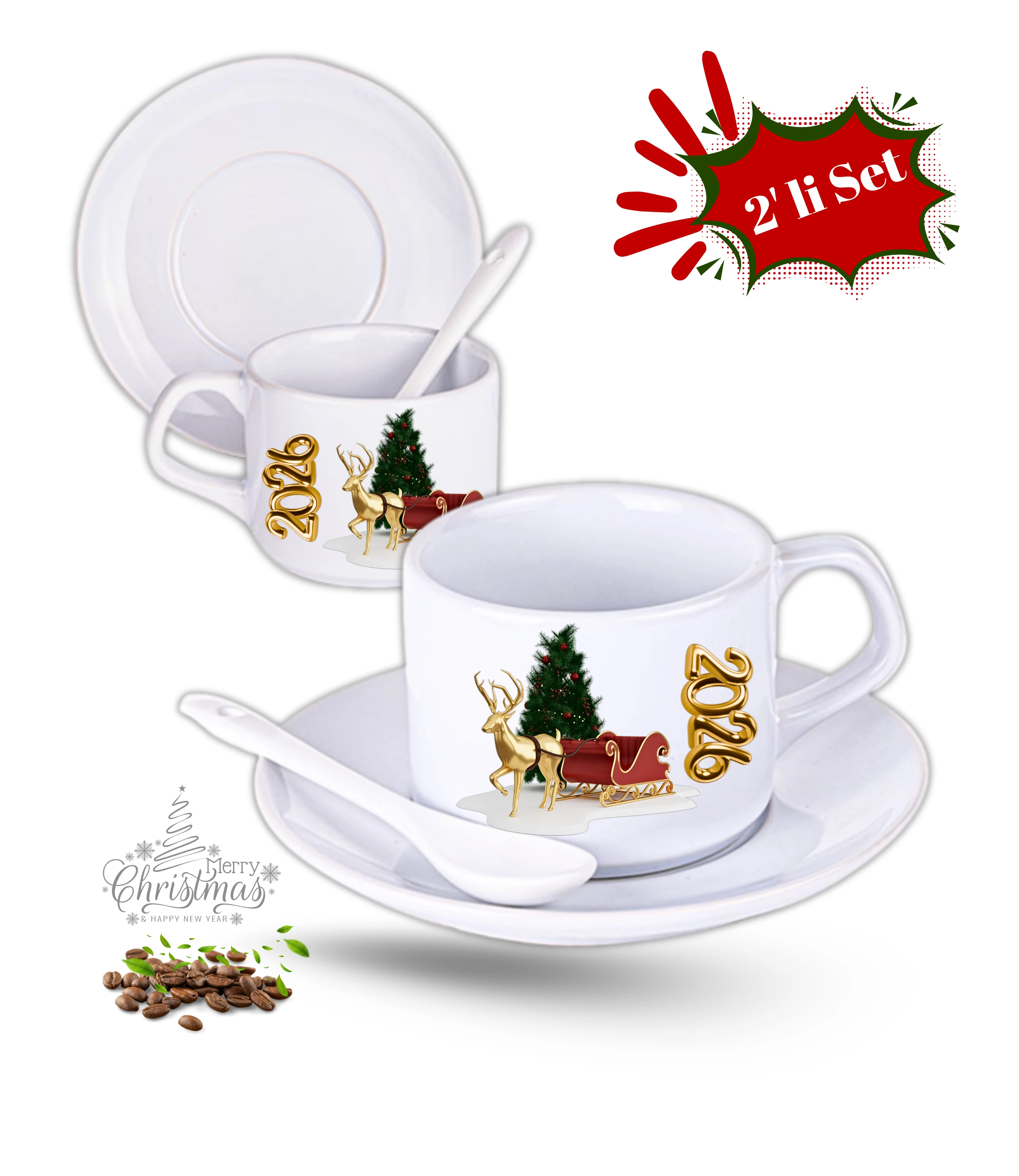 Yılbaşı Hediyesi Noel 2026 Baskılı 2li Set İsimli Porselen Çay Kahve Fincan Seti