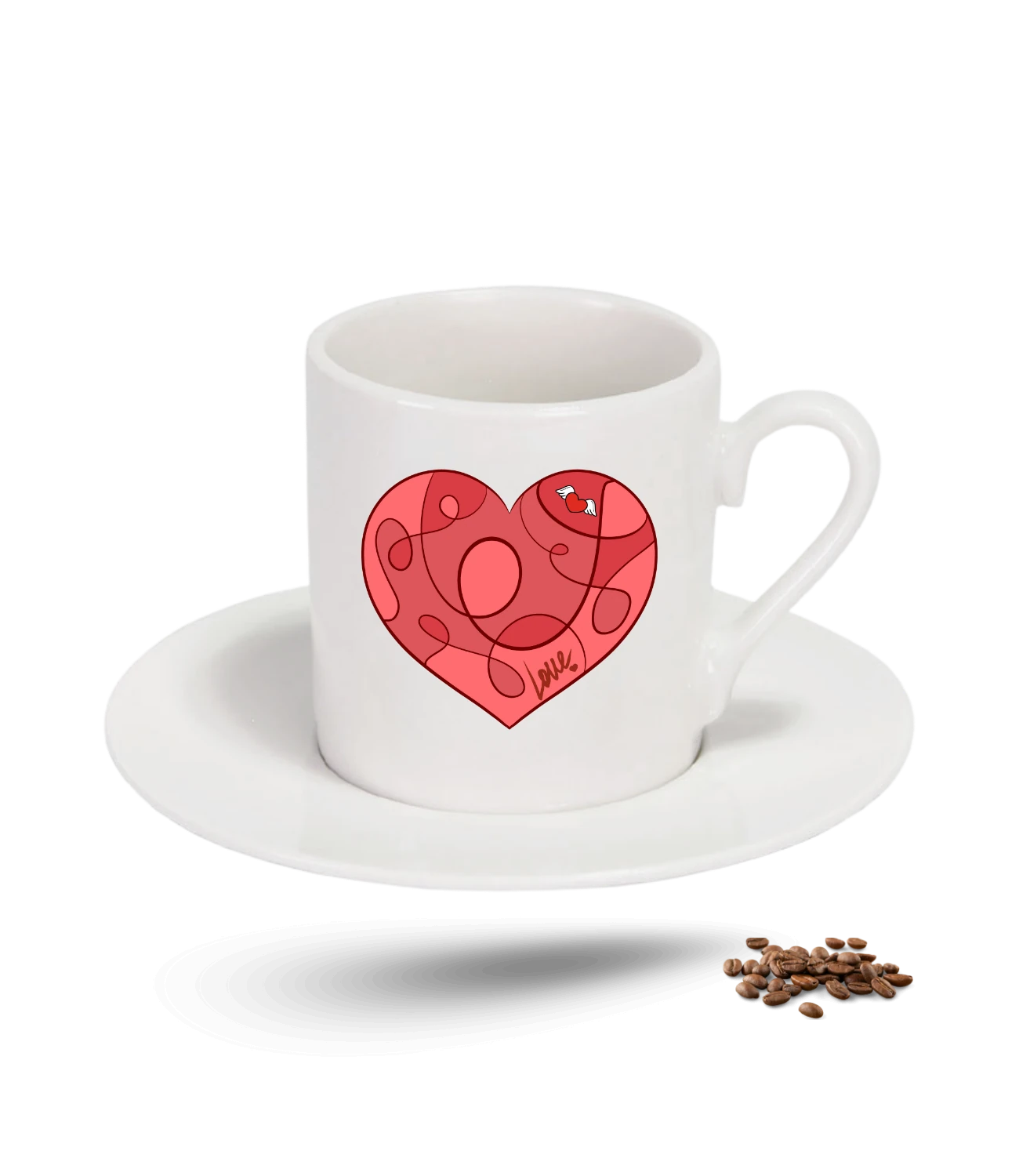 Aşk Temalı Kalpli Love Baskılı Porselen Türk Kahvesi Fincanı Tekli