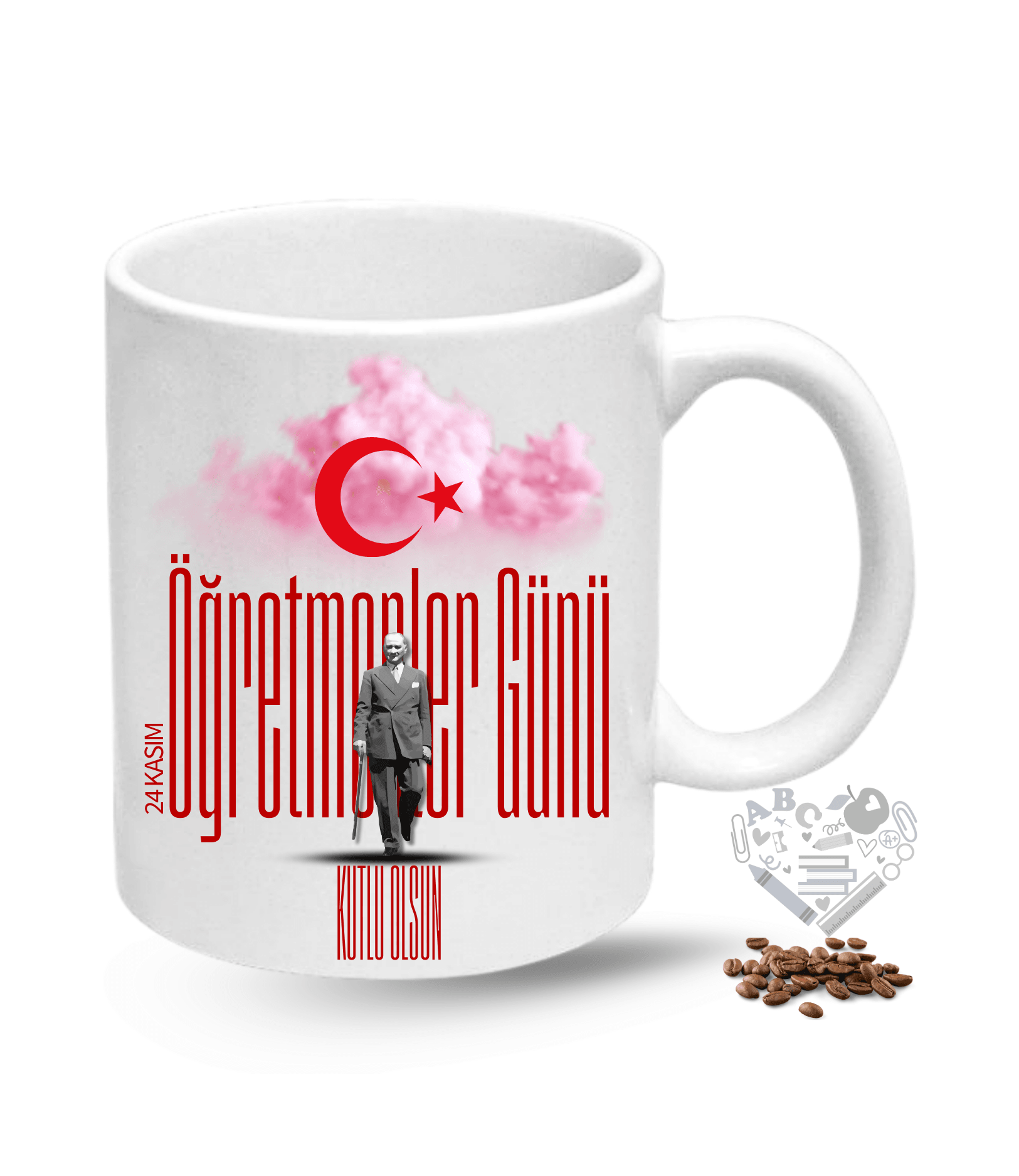Öğretmenler Günü Hediyesi Atatürk Ay Yıldız Baskılı Porselen Kupa Bardak
