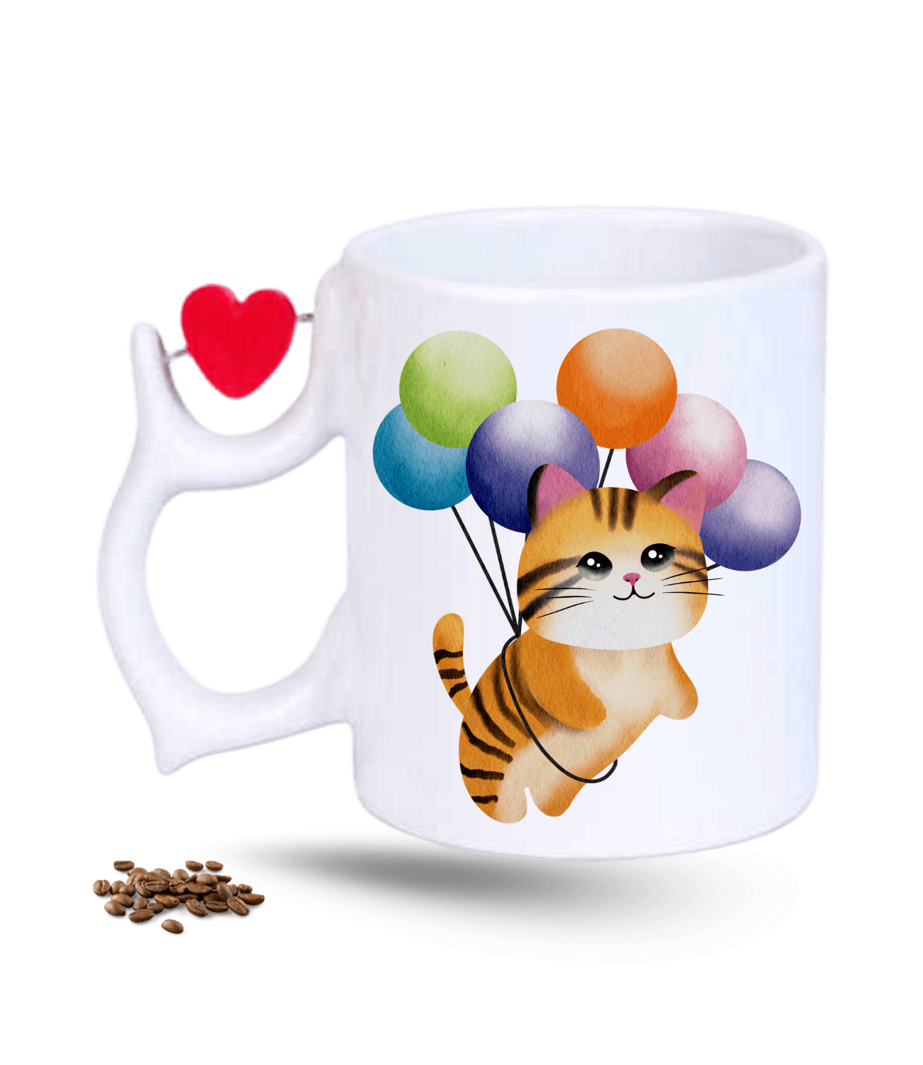 Balonlu Kedi Temalı Kedi Sever Baskılı Porselen Dönen Kalp Figürlü Kupa Bardak