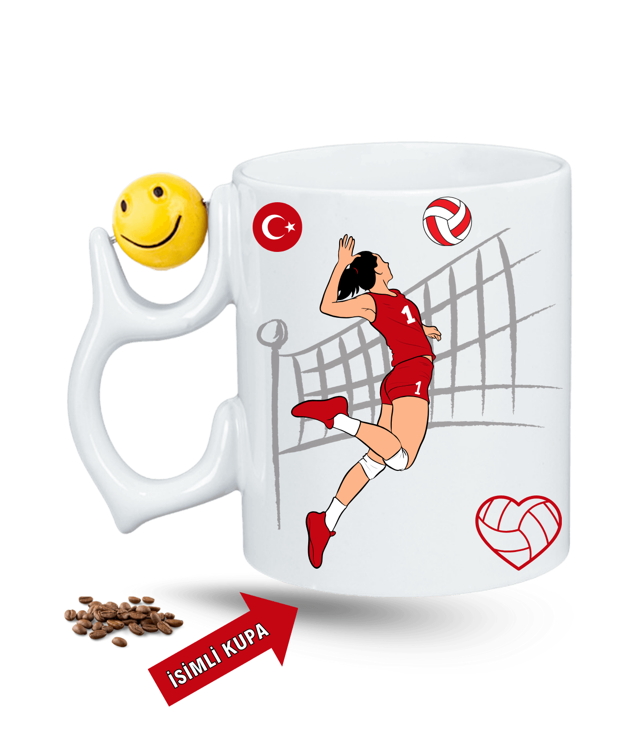 Voleybol Temalı Smaç Voleybolcu Kız Baskılı Emoji Dönen Toplu Kupa Bardak Çay Kahve Fincanı