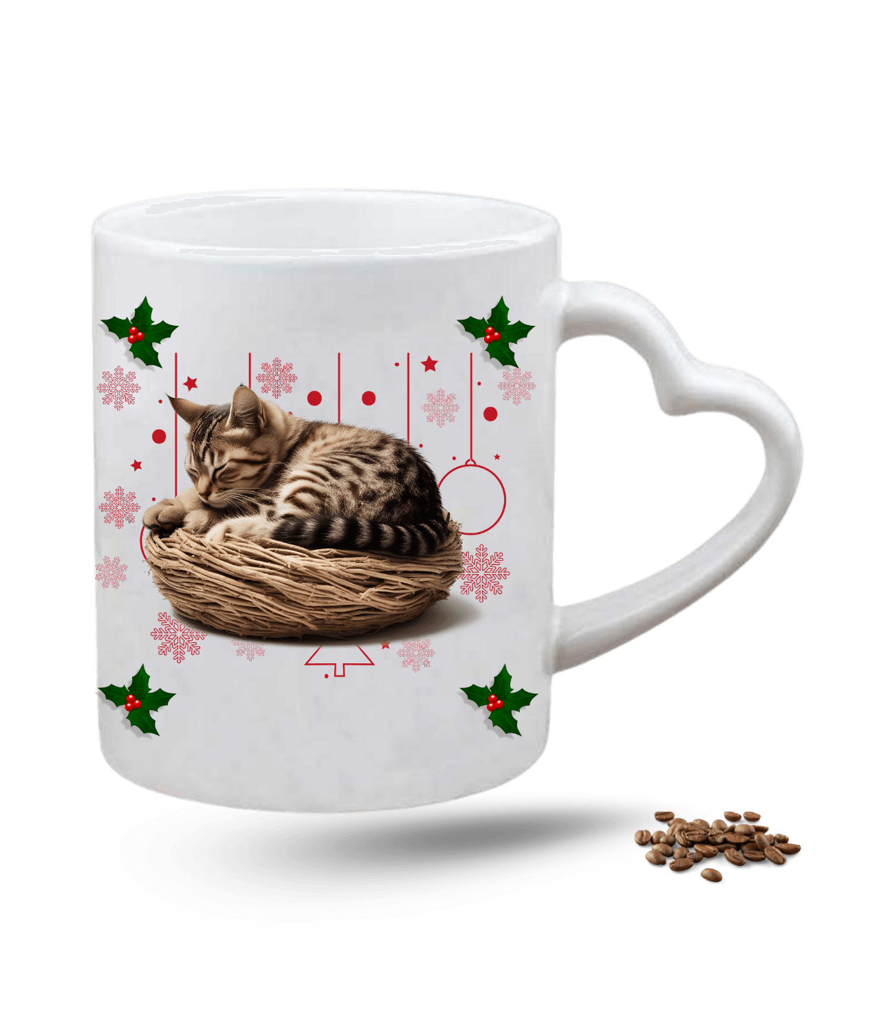 Noel Kedi Temalı Kedi Sever Baskılı Porselen Kalp Kulp Kupa Bardak