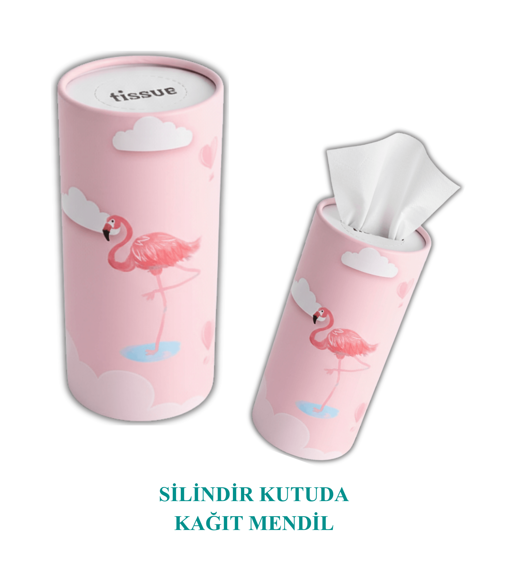 Silindir Dekoratif Kutuda Kağıt Mendil 50 li Pembe Flamingo Kutu (doldurulabilir)
