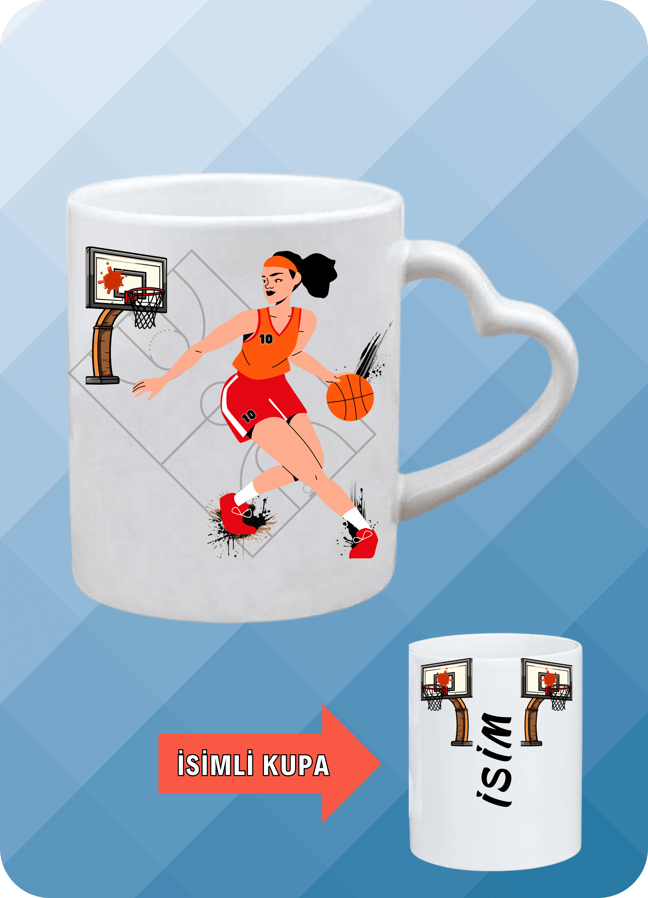 Basketbol Temalı Kadın Basketbolcu Kalp Kulplu Basket Sever Kupa Bardak Çay Kahve Fincanı-3