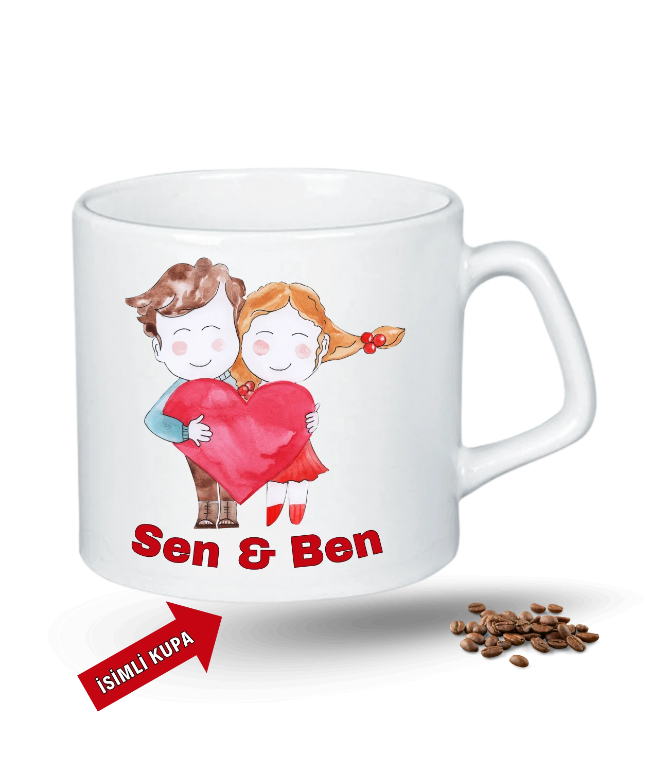 Aşk Temalı Sen ve Ben İsimli Kupa Kalpli Baskılı Porselen Afilli Kupa Bardak-1