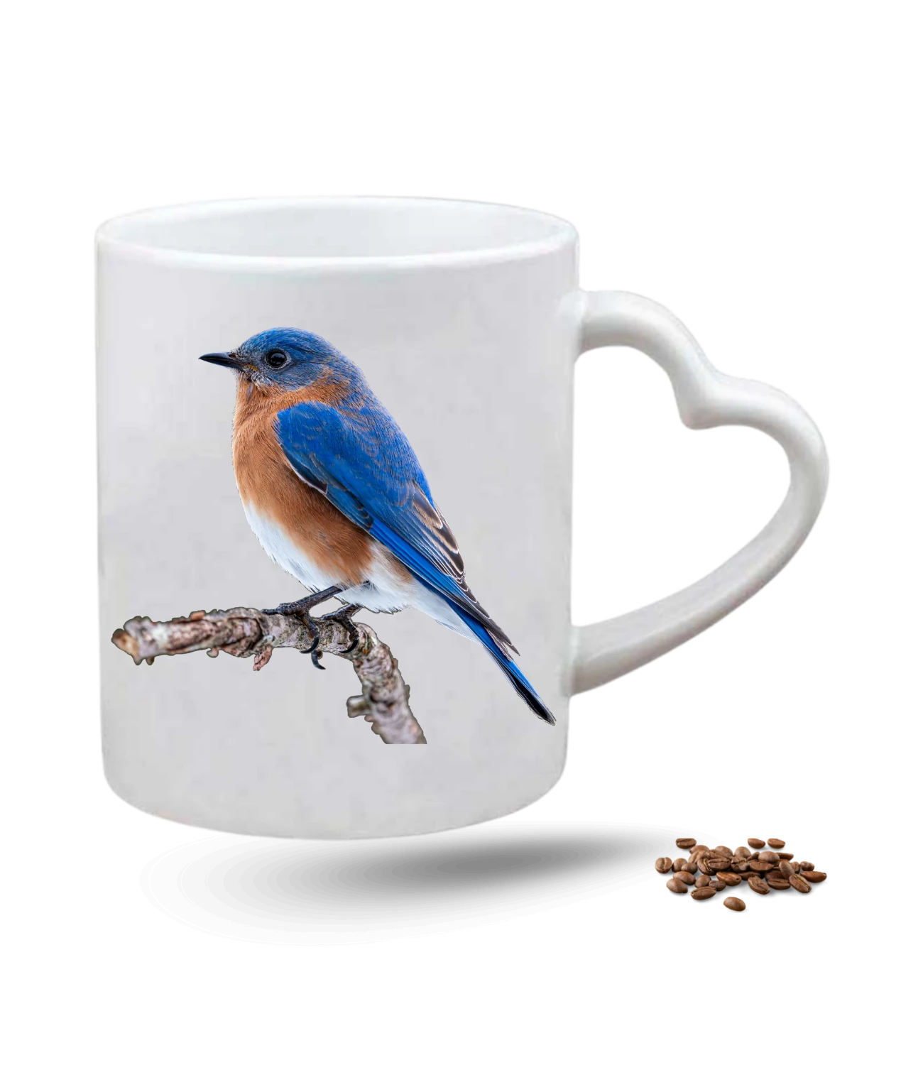 Mavi Serçe Baskılı Porselen Kalp Kulp Kupa Bardak