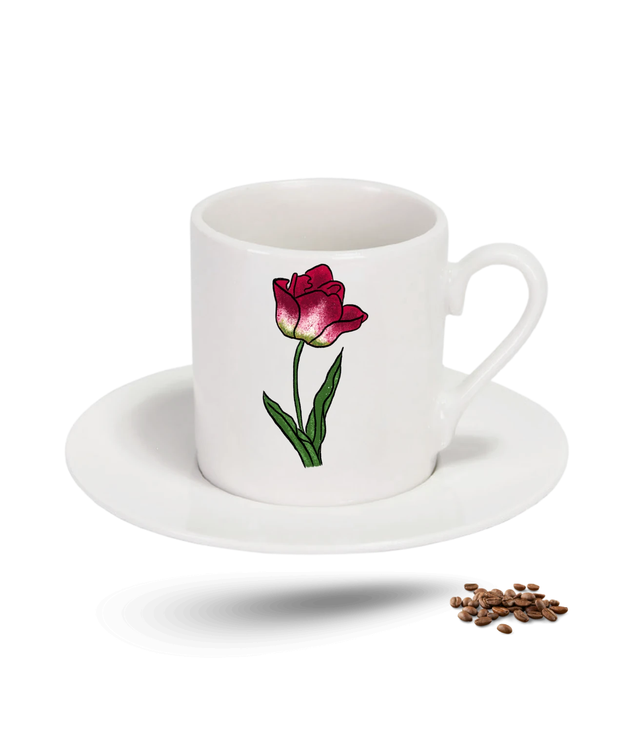 Sevgi Temalı Kırmızı Lale Çiçek Baskılı Porselen Türk Kahvesi Fincanı Tekli