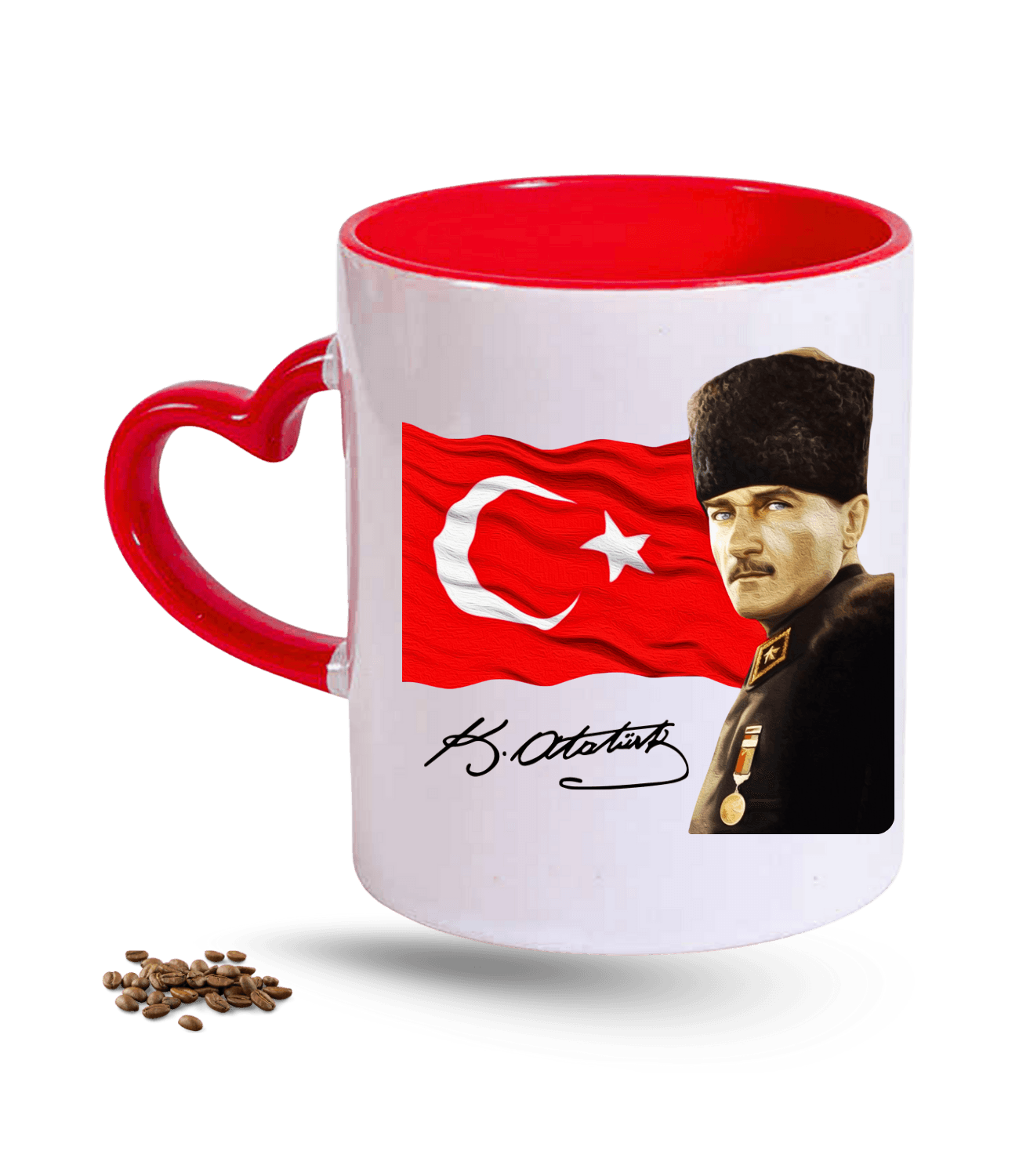 Atatürk İmza Temalı Bayrak Baskılı Kırmızı Kalpli Porselen Kupa Bardak