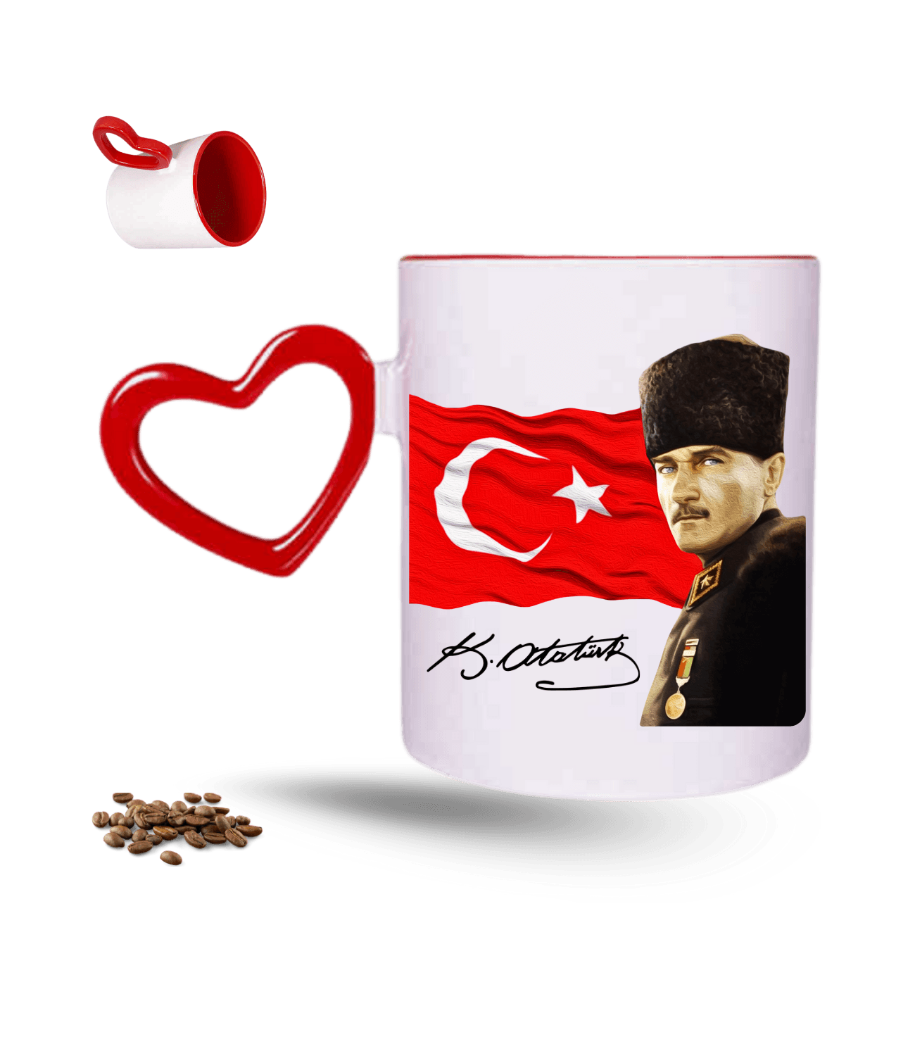 Atatürk İmza Temalı Bayrak Baskılı Kırmızı Kalpli Porselen Kupa Bardak