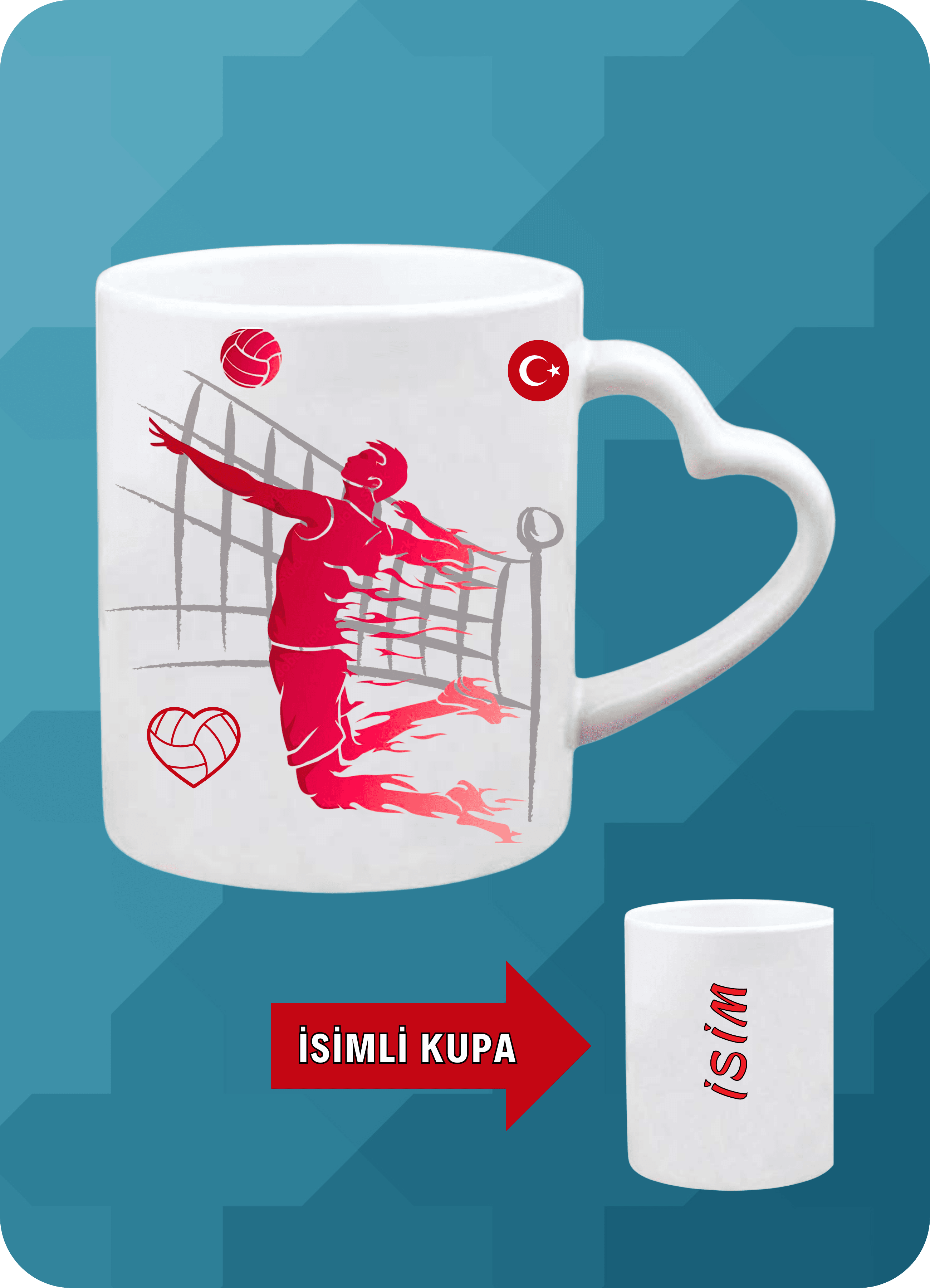 Voleybol Temalı Erkek Voleybolcu Kalpli Kulp Kupa Bardak Çay Kahve Fincanı-2