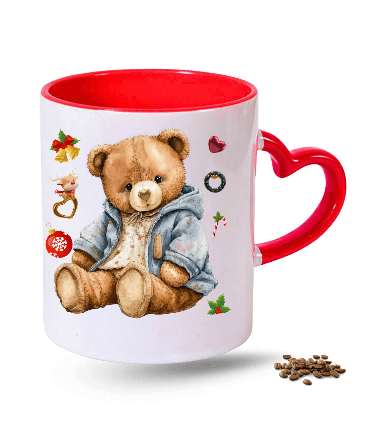 Noel Temalı Yılbaşı Teddy Ayıcık Baskılı Kırmızı Kalpli Porselen Kupa Bardak