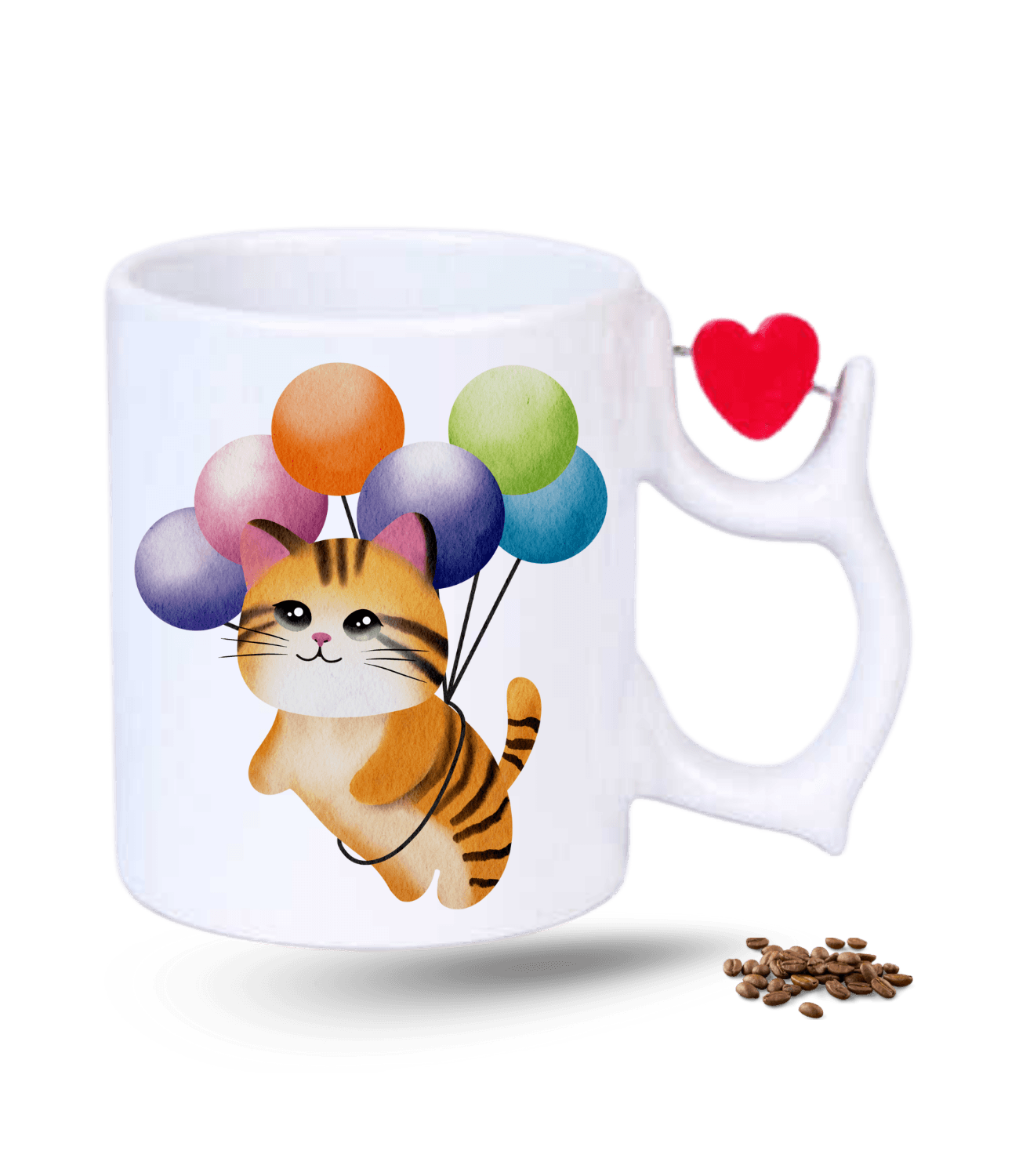 Balonlu Kedi Temalı Kedi Sever Baskılı Porselen Dönen Kalp Figürlü Kupa Bardak