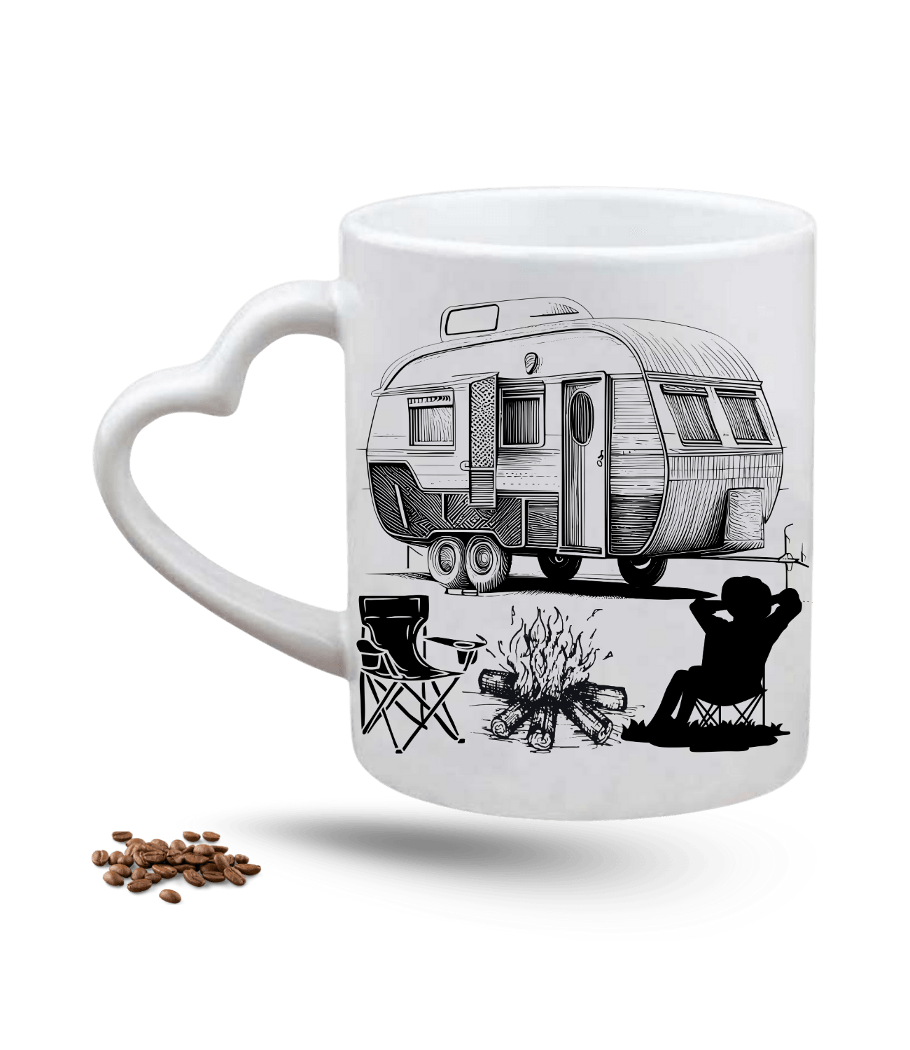 Camping Temalı Karavan Baskılı Porselen Kalp Kulp Kupa Bardak