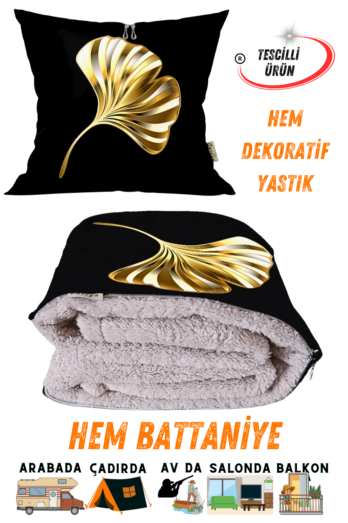 Gold Yaprak Desen Tv Battaniyeli Opsiyonel Dekoratif Yastık Kırlent 2 in 1 Battaniye