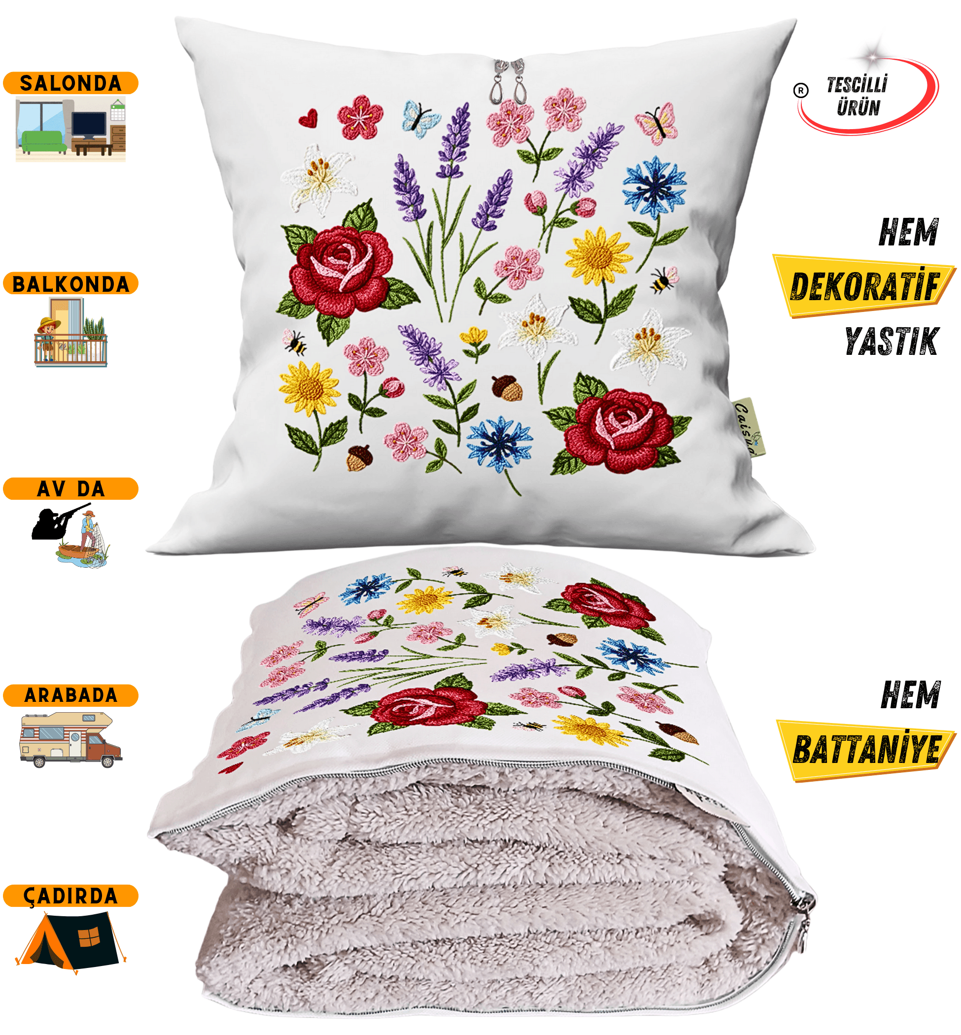 Nakış İşleme Çiçekler Efektli Baskılı Tv Battaniyesi Olabilen Dekoratif Yastık Kırlent Battaniye