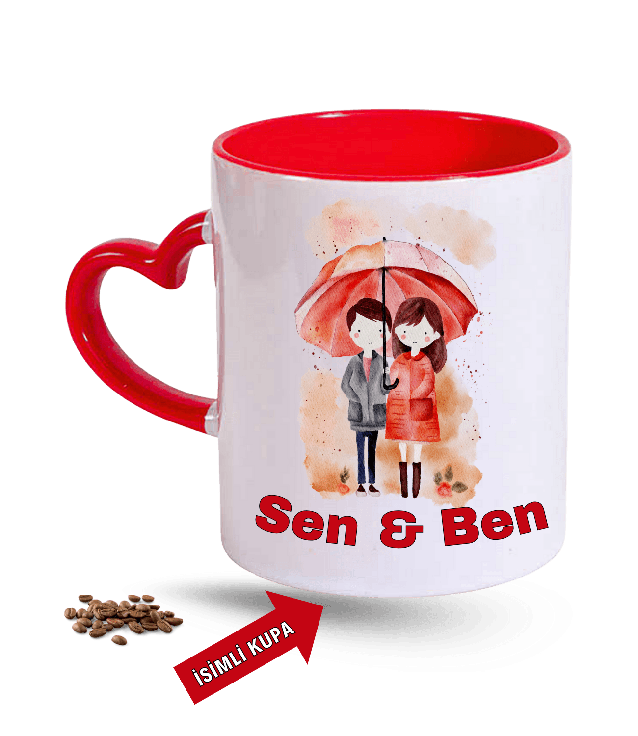 Aşk Temalı Sen ve Ben İsimli Kupa Kalpli Baskılı Kırmızı Kalpli Porselen Kupa Bardak-4