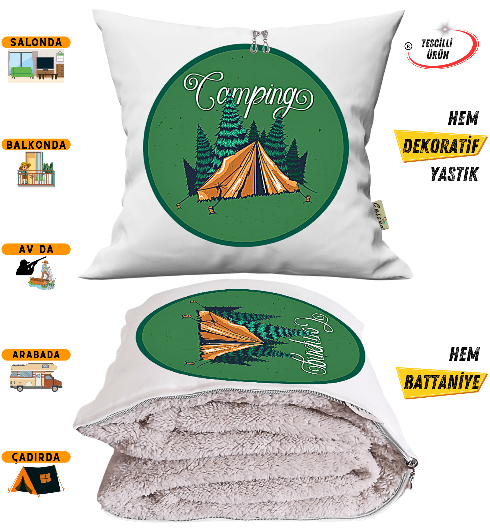 Camping Kamp Çadırı Baskılı Tv Battaniyeli Opsiyonel Dekoratif Yastık Kırlent 2 in 1 Battaniye