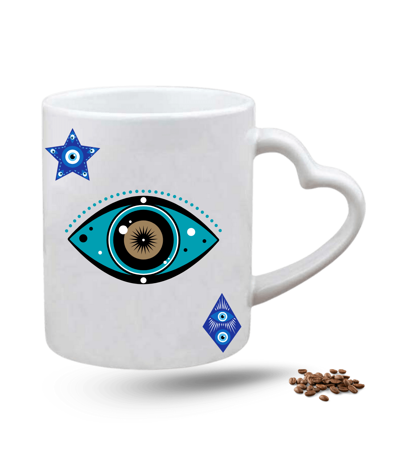Mandala Temalı Nazarlık Göz Baskılı Porselen Kalp Kulp Kupa Bardak
