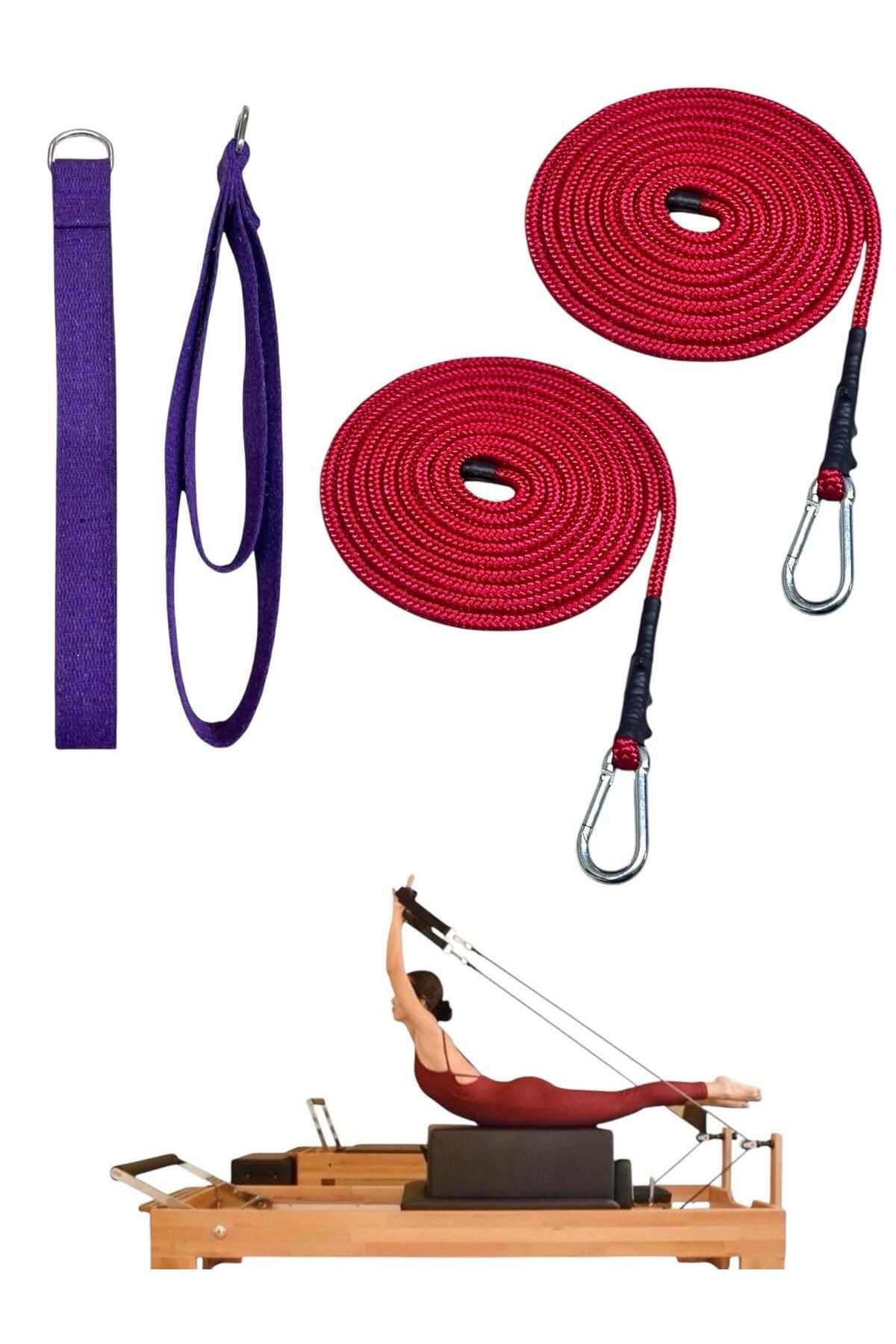 1 Çift Pilates Reformer Halatı + Siyah Pilates Reformer Elcik Straps İkili Set Paracort İp Halat - mor-kırmızı
