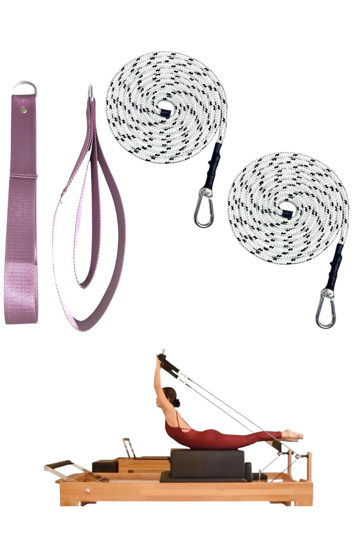 1 Çift Siyah-Beyaz Pilates Reformer Halatı +  1 Çift Pilates Reformer Elcik Straps - İkili Set - lila