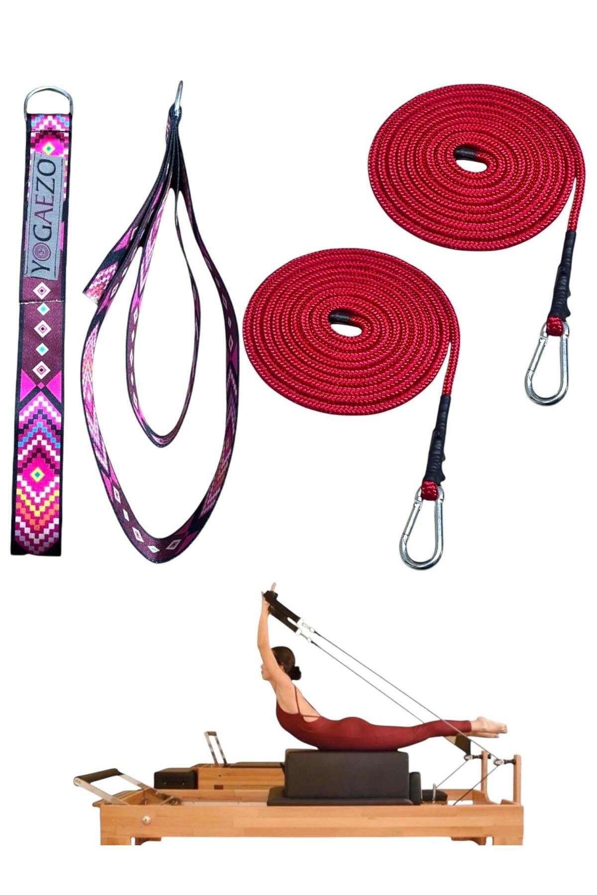 1 Çift Pilates Reformer Halatı + Pilates Reformer Elcik Straps İkili Set Paracord İp Halat - mor çizgili-kırmızı