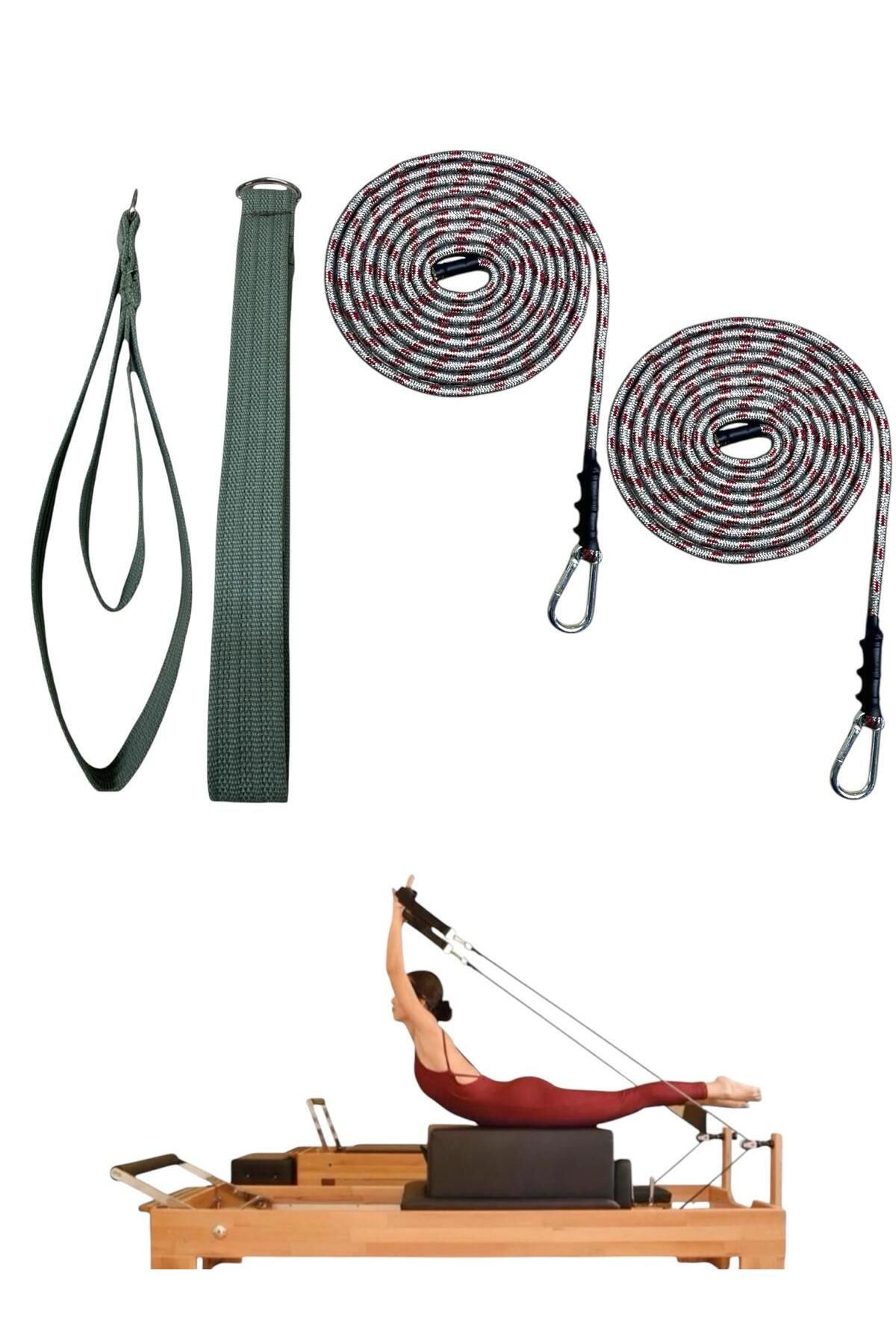 1 Çift Antrasit-Kırmızı Pilates Reformer Halatı +  1 Çift Pilates Reformer Elcik Straps - İkili Set - yeşil