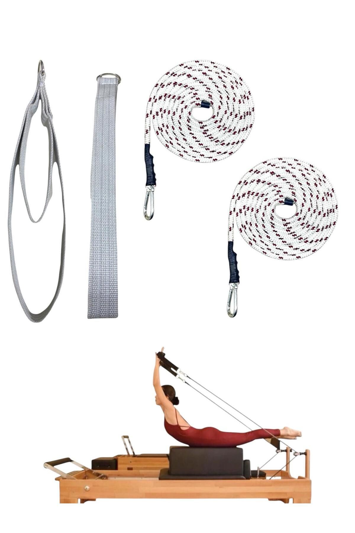 1 Çift Kırmızı-Beyaz Pilates Reformer Halatı +  1 Çift Pilates Reformer Elcik Straps - İkili Set - kirli beyaz