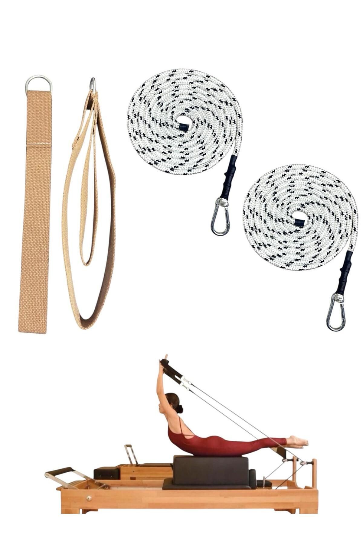 1 Çift Siyah-Beyaz Pilates Reformer Halatı +  1 Çift Pilates Reformer Elcik Straps - İkili Set - açık kahverengi