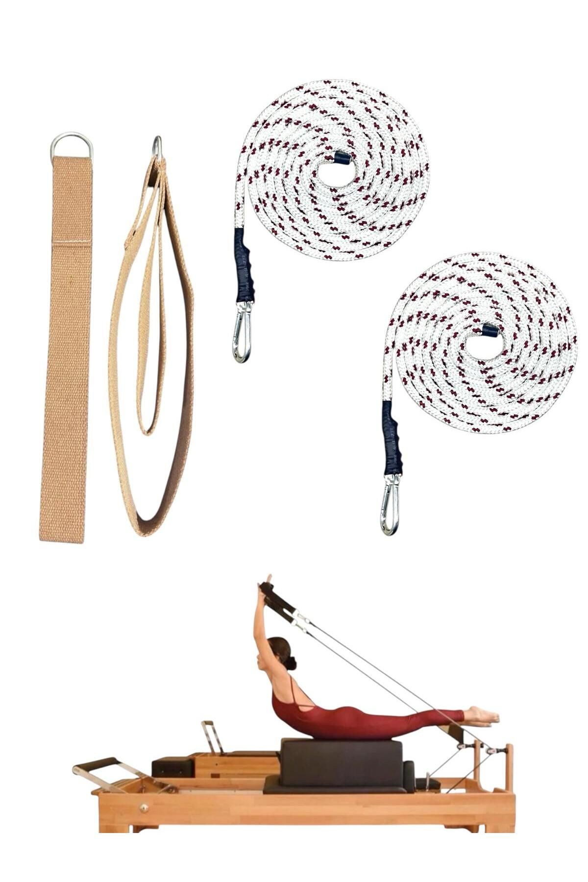 1 Çift Kırmızı-Beyaz Pilates Reformer Halatı +  1 Çift Pilates Reformer Elcik Straps - İkili Set - açık kahverengi