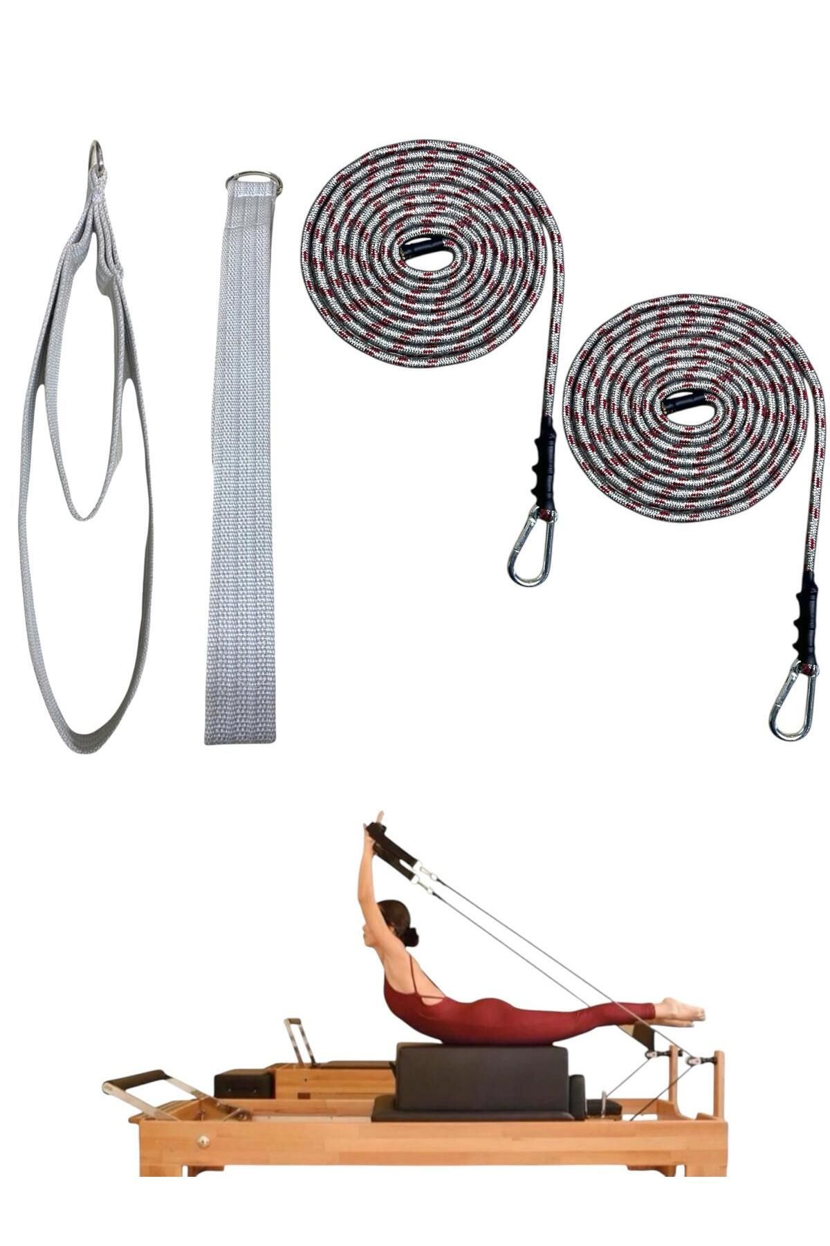 1 Çift Antrasit-Kırmızı Pilates Reformer Halatı +  1 Çift Pilates Reformer Elcik Straps - İkili Set - kirli beyaz