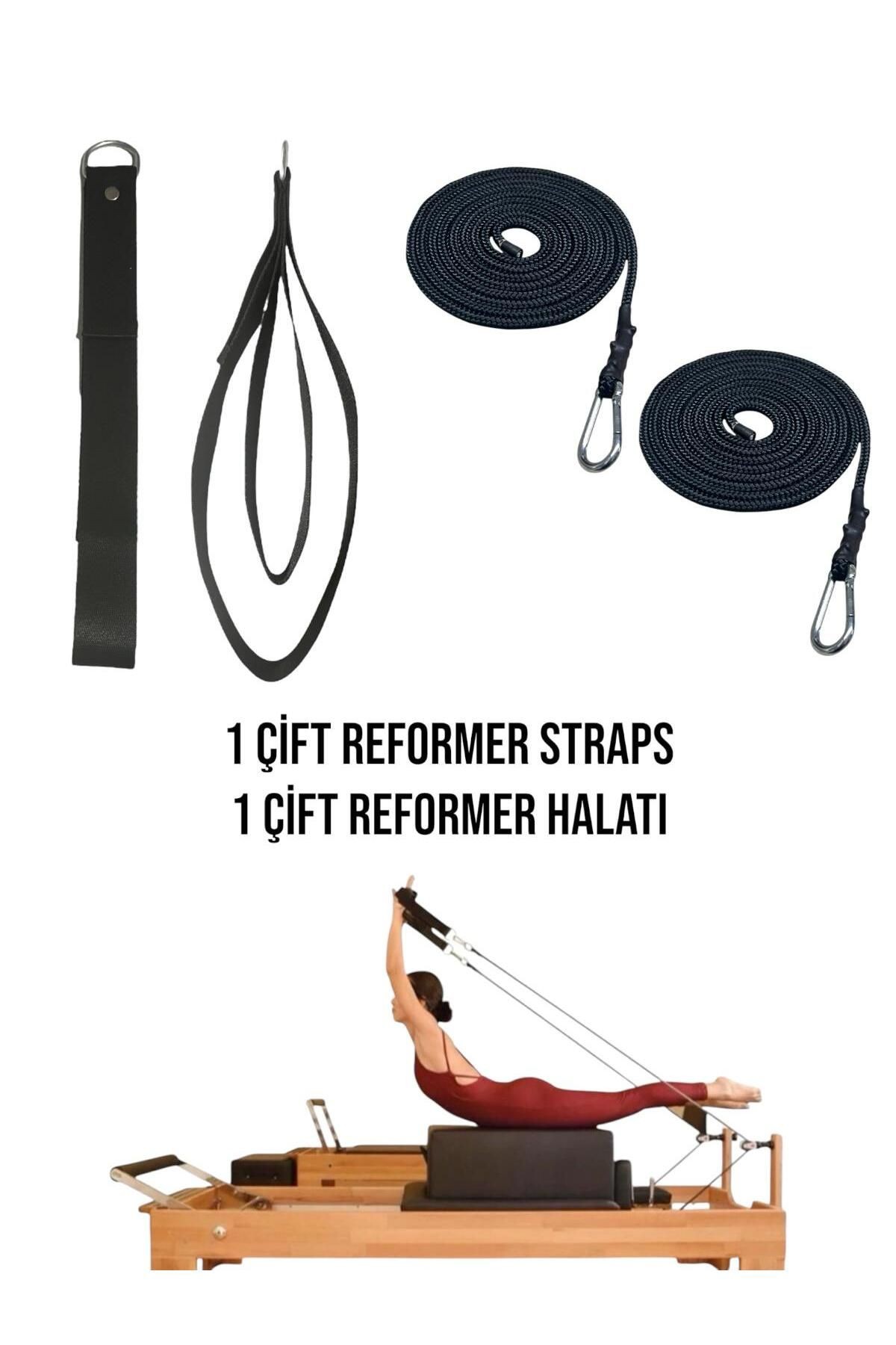 1 Çift Pilates Reformer Halatı + Siyah Pilates Reformer Elcik Straps İkili Set Paracort İp Halat - siyah-siyah