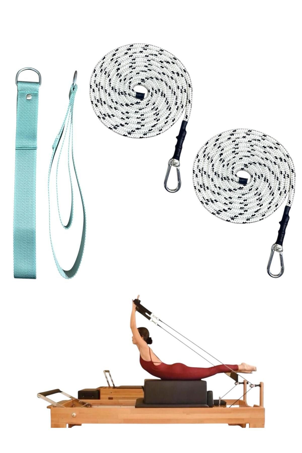 1 Çift Siyah-Beyaz Pilates Reformer Halatı +  1 Çift Pilates Reformer Elcik Straps - İkili Set - su yeşili