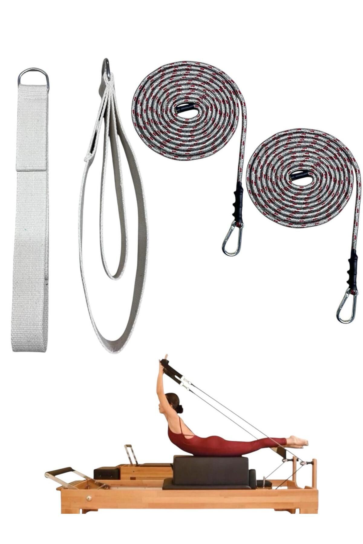 1 Çift Antrasit-Kırmızı Pilates Reformer Halatı +  1 Çift Pilates Reformer Elcik Straps - İkili Set - krem