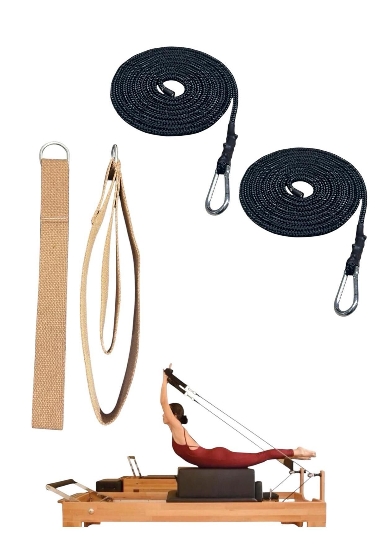 1 Çift Pilates Reformer Halatı + Siyah Pilates Reformer Elcik Straps İkili Set Paracort İp Halat - açık kahverengi-siyah