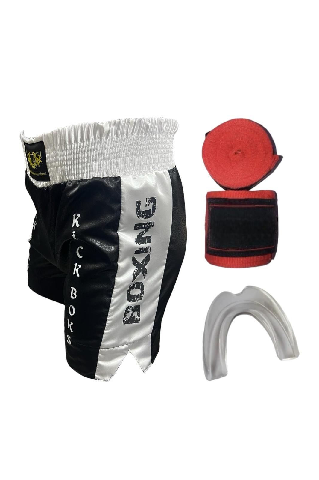 Kick Boks Şortu - Bandaj - Dişlik Kickboks 3'lü Takım Set - siyah