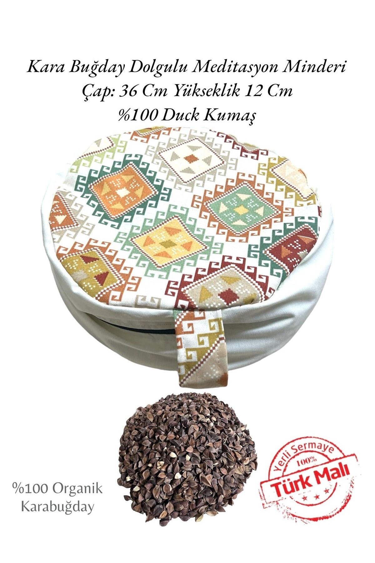 Karabuğday Dolgulu Zafu Meditasyon Minderi Etnik Desen %100 Duck Kumaş Karabuğday Meditasyon Minderi