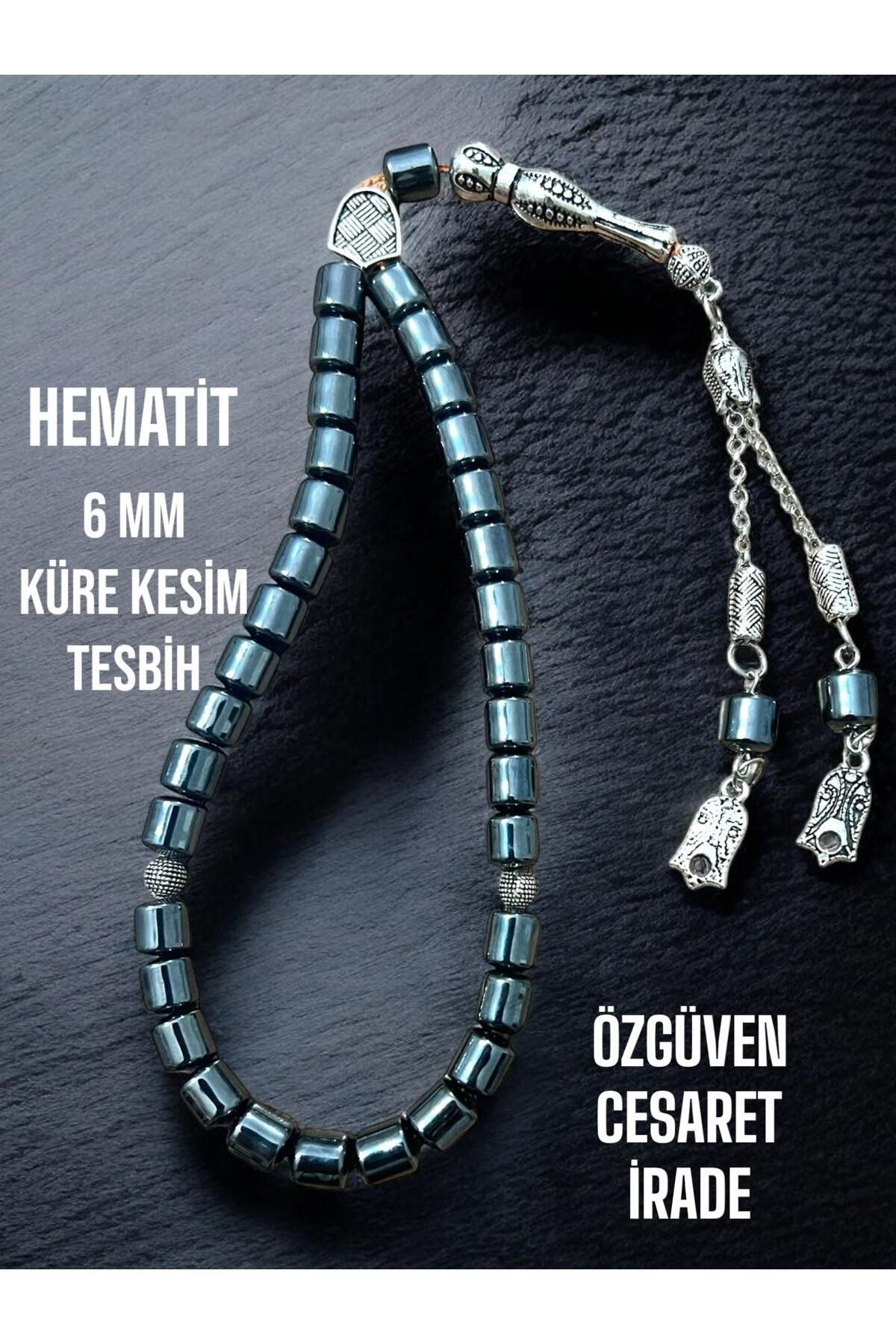 Hematit Taşı Tesbih, Ahşap Kutulu Doğal Taş Hematit Tesbih, 33'lük Hematit Küre Kesim Tesbih 6x4 MM